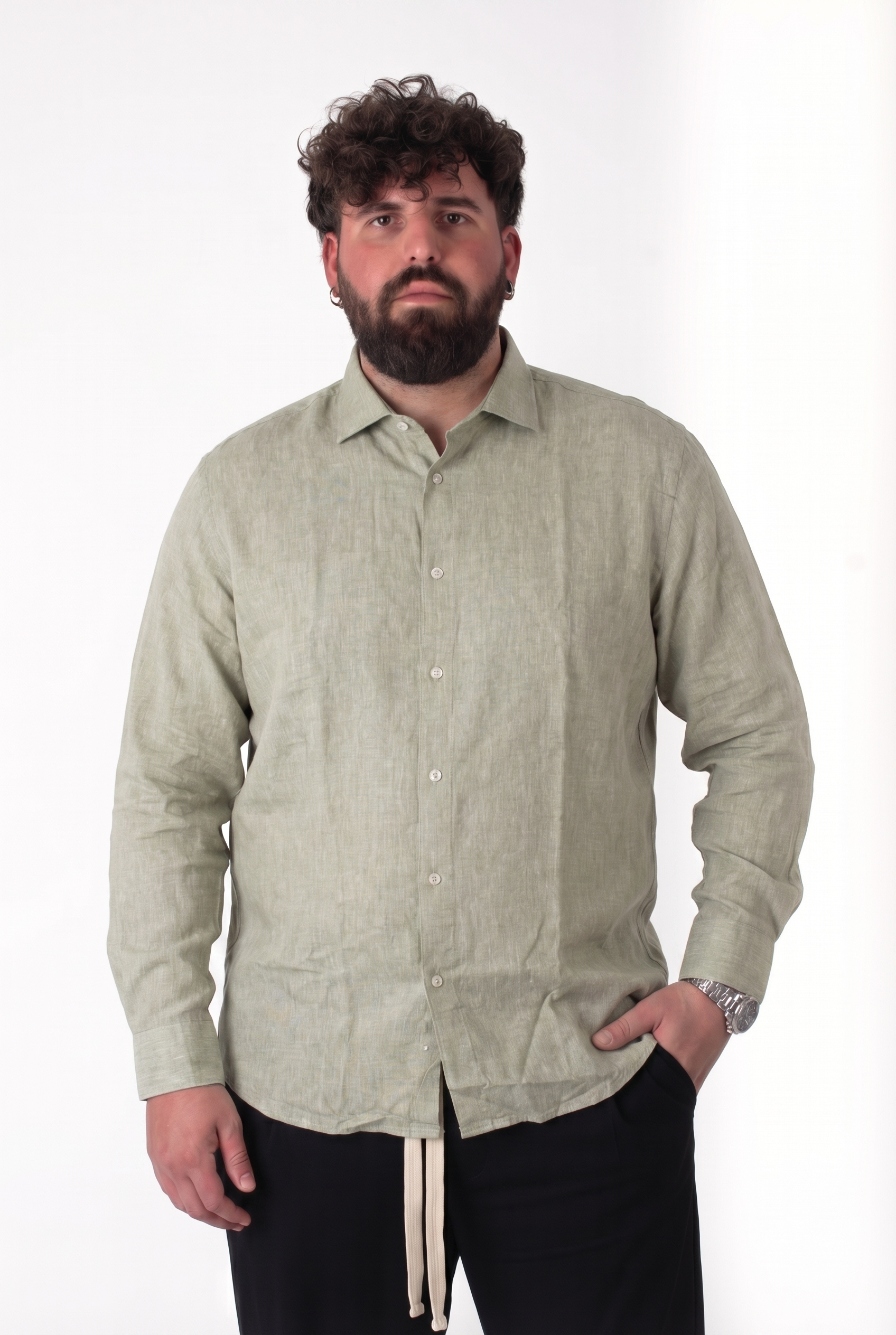 Camicia Verde Salvia in Lino Colletto Classico Uomo Taglie Forti