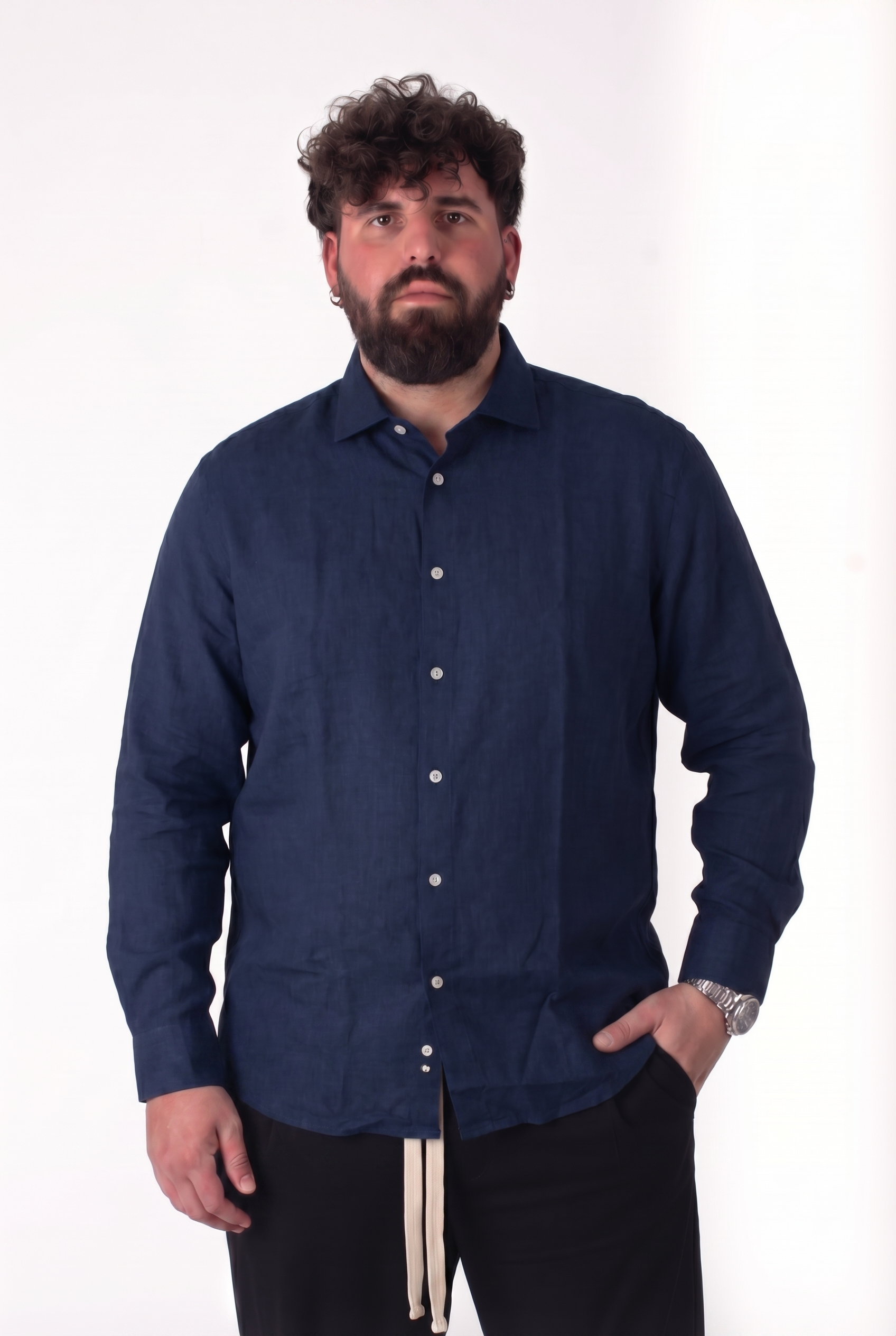 Camicia Blu Navy in Lino Colletto Classico Uomo Taglie Forti
