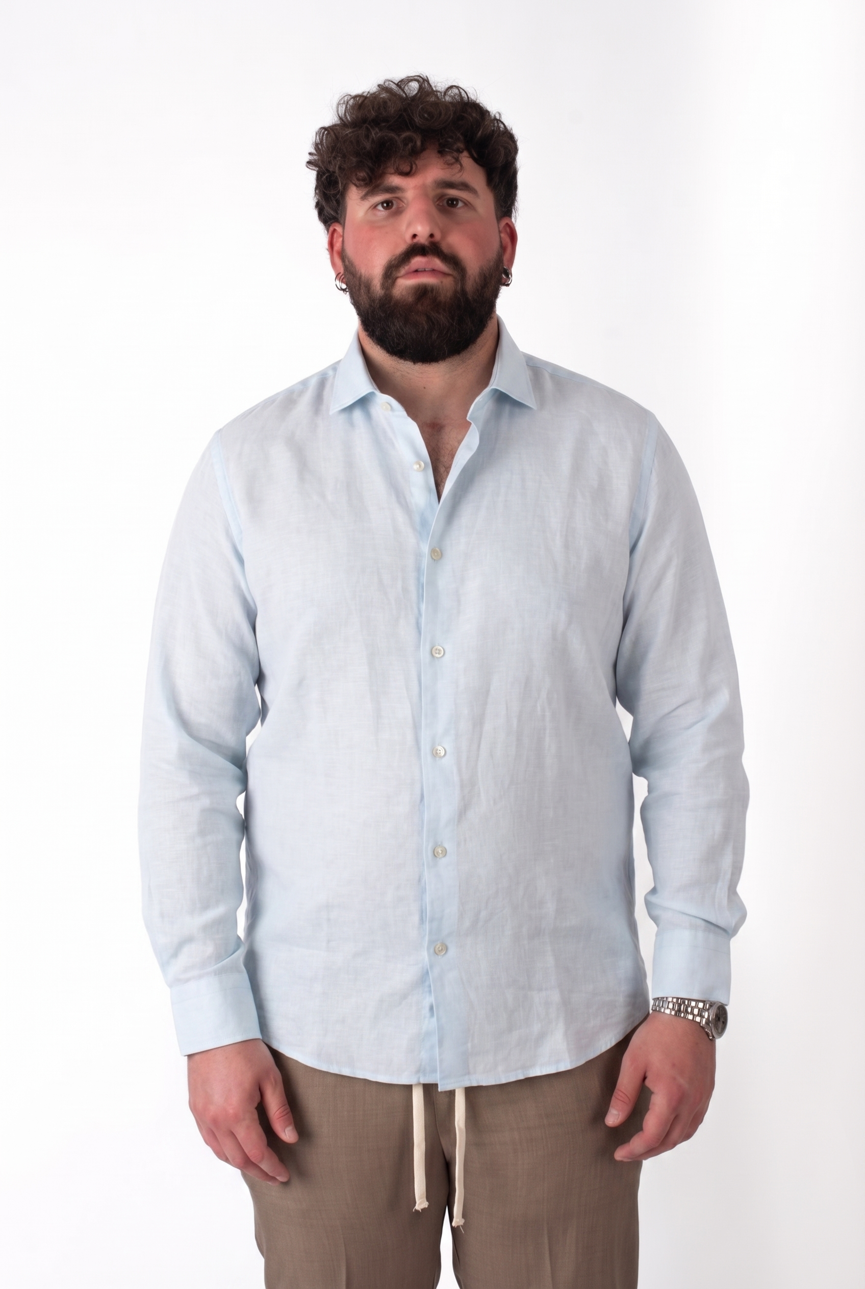 Camicia Azzurra in Lino Colletto Classico Uomo Taglie Forti