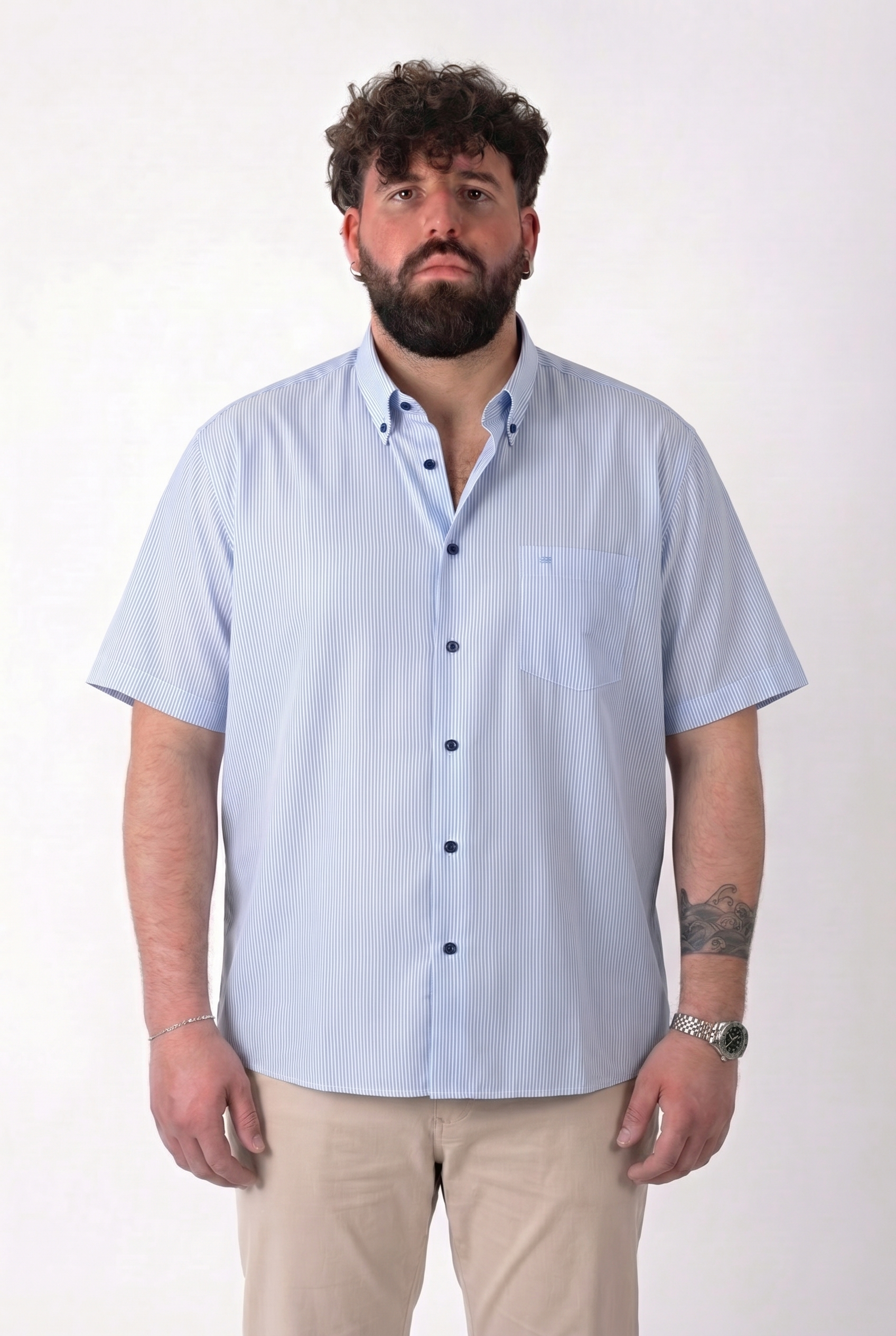 Camicia Manica Corta a Righe Azzurra Button-Down Uomo Taglie Forti