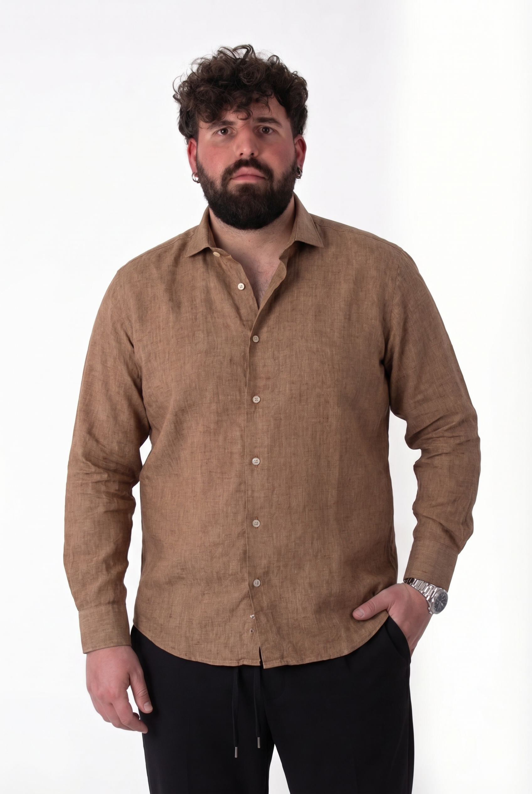 Camicia Cammello in Lino Colletto Classico Uomo Taglie Forti