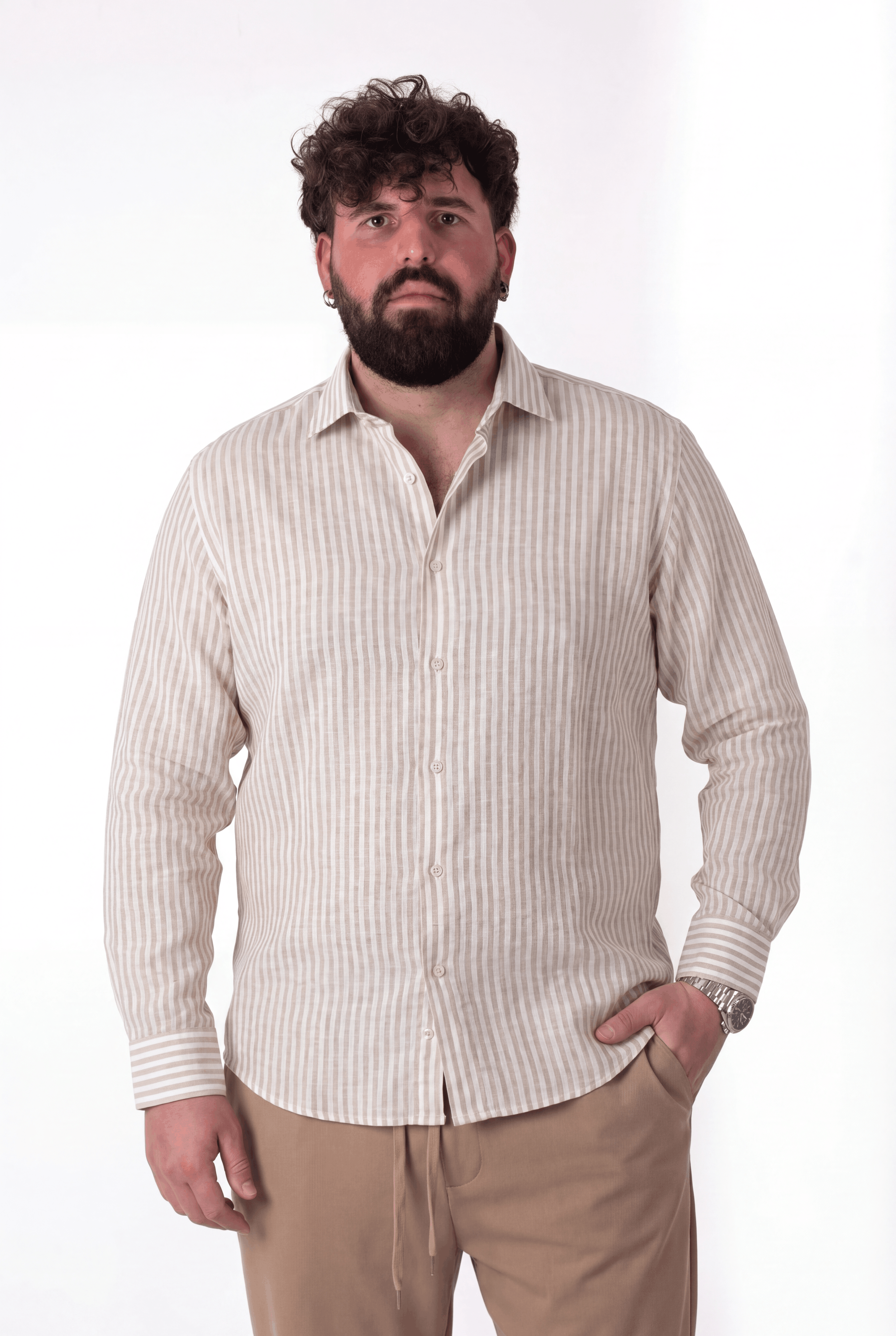 Camicia a Righe Beige e Bianca in Lino Uomo Taglie Forti