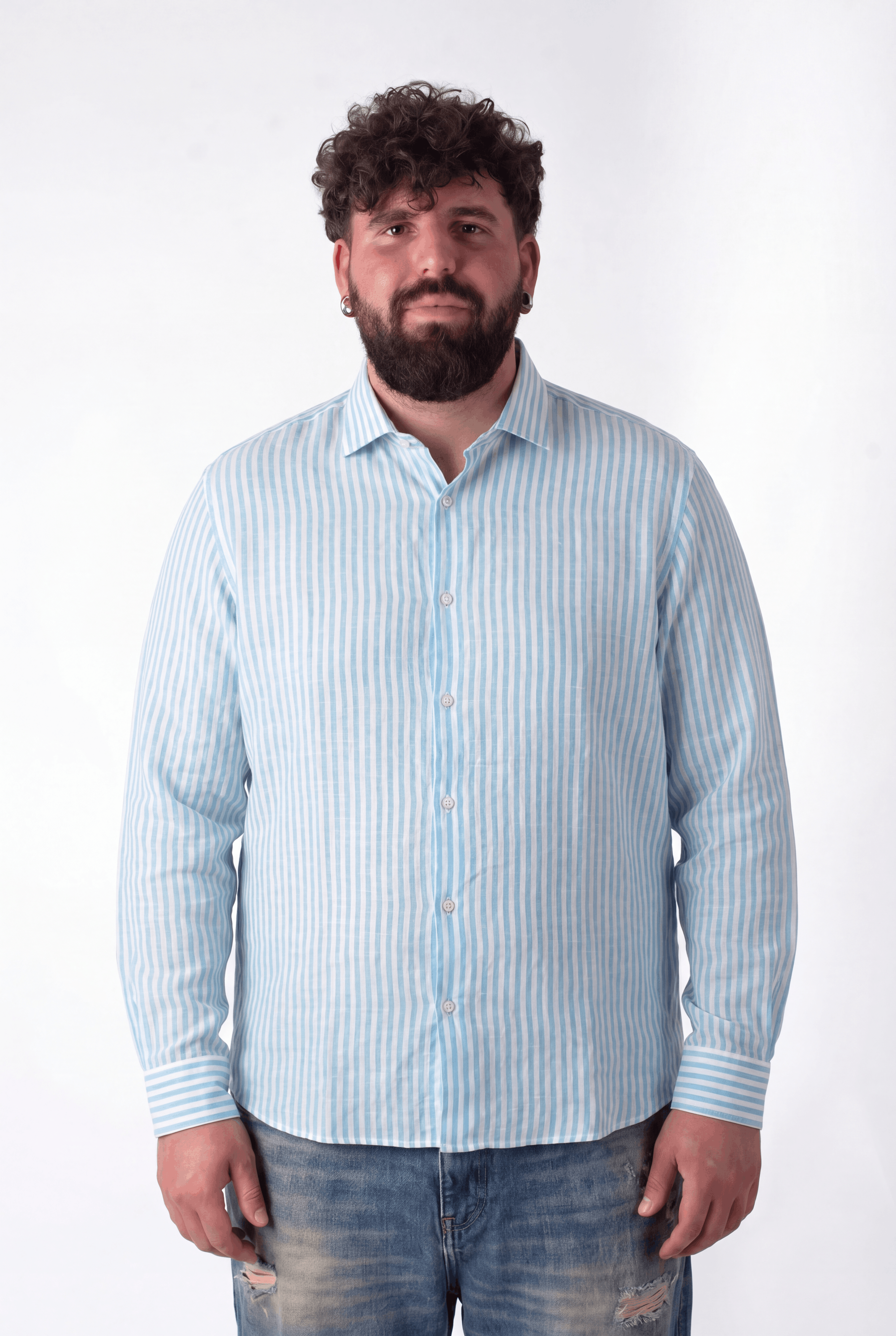 Camicia a Righe Azzurra e Bianca in Lino Uomo Taglie Forti