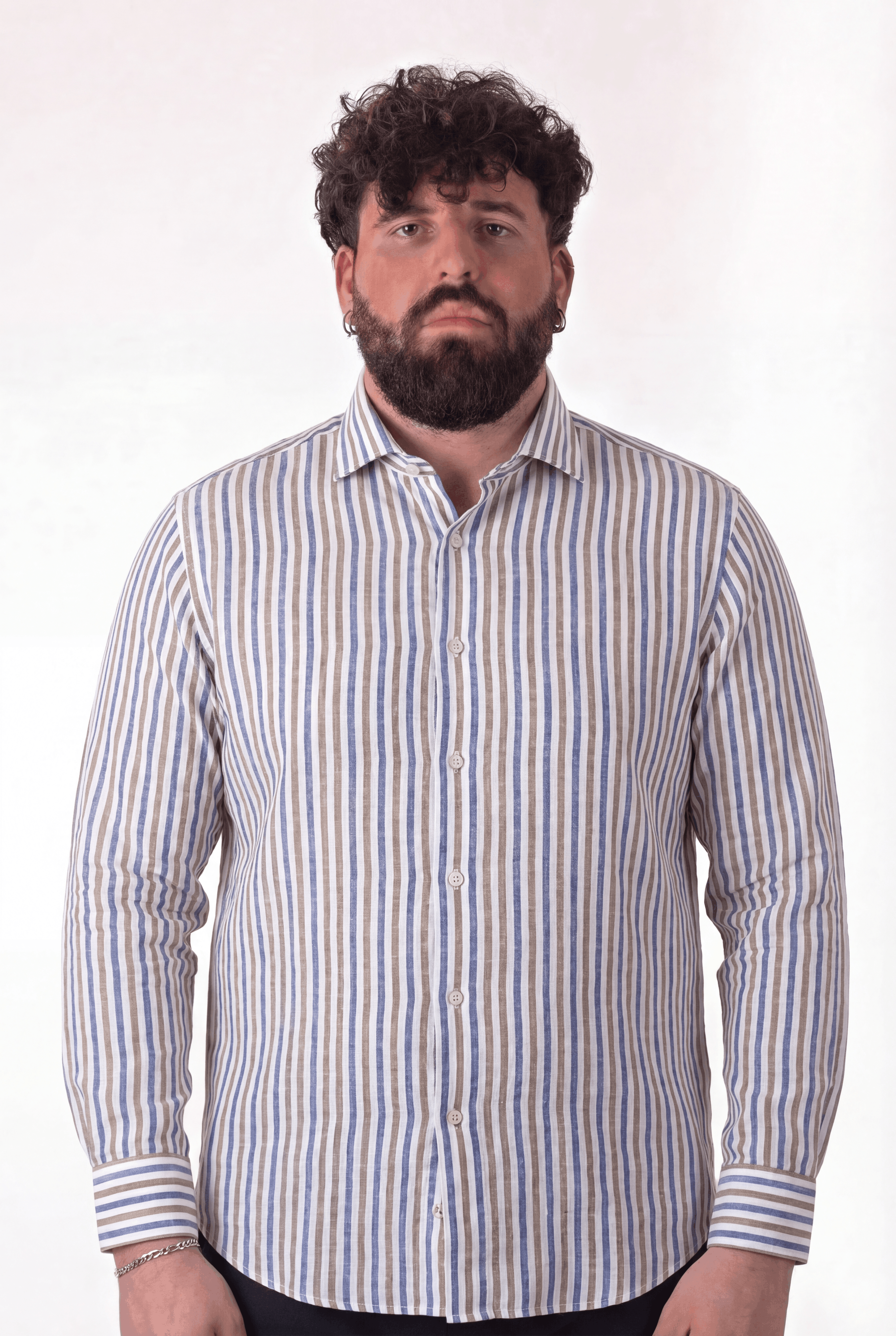 Camicia a Righe Blu Beige e Bianca in Lino Uomo Taglie Forti