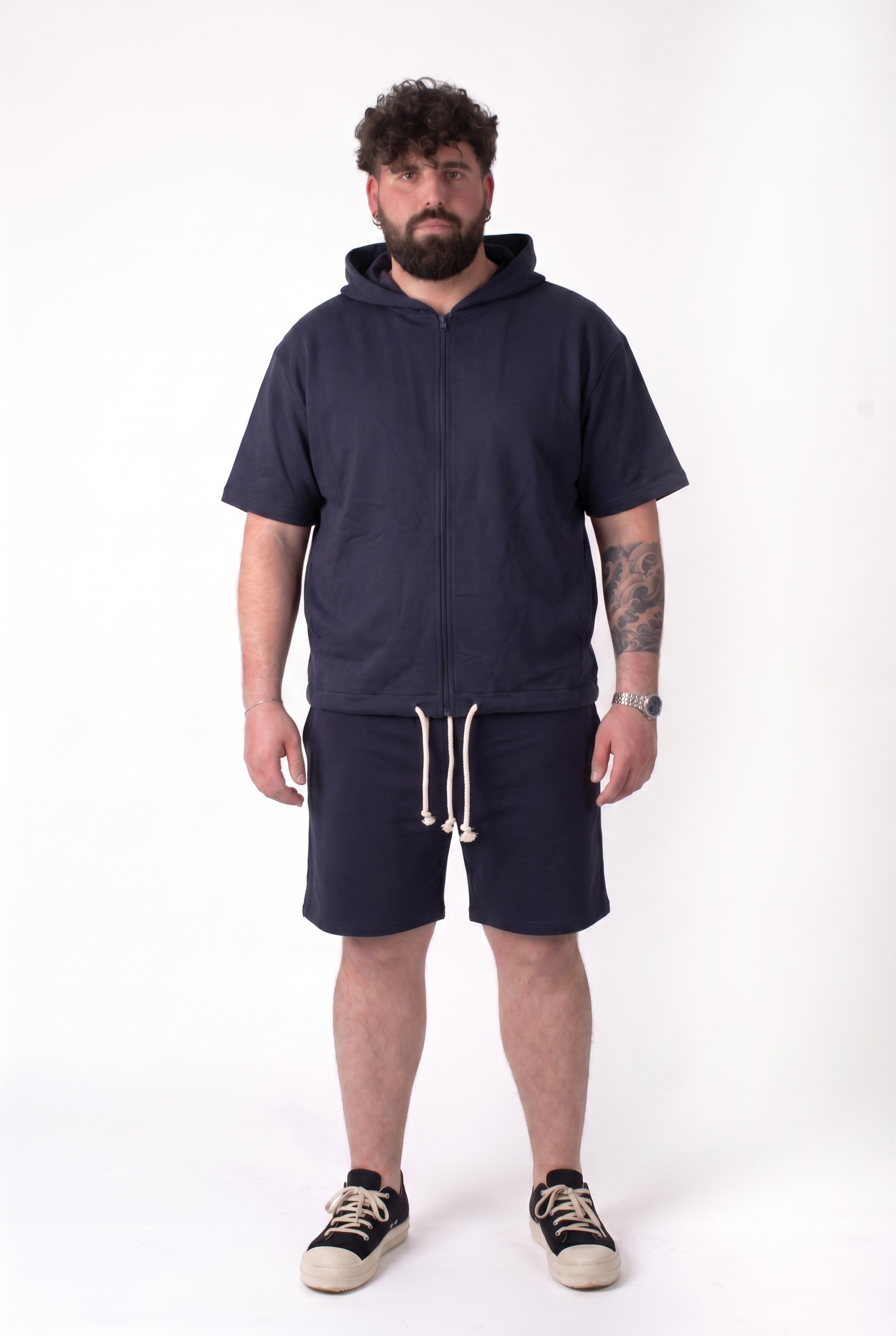Coordinato Copacabana Blu Navy Maglia con Cappuccio e Bermuda Uomo Taglie Forti