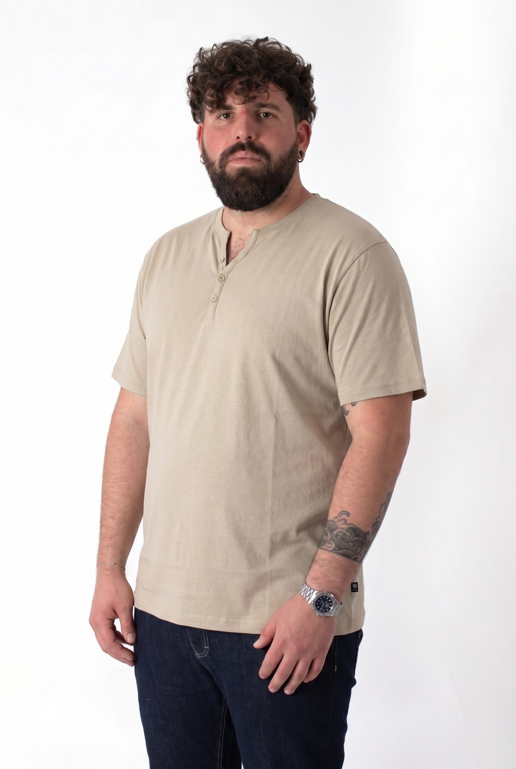 T-Shirt Serafino Beige Basic Summer Uomo Taglie Forti