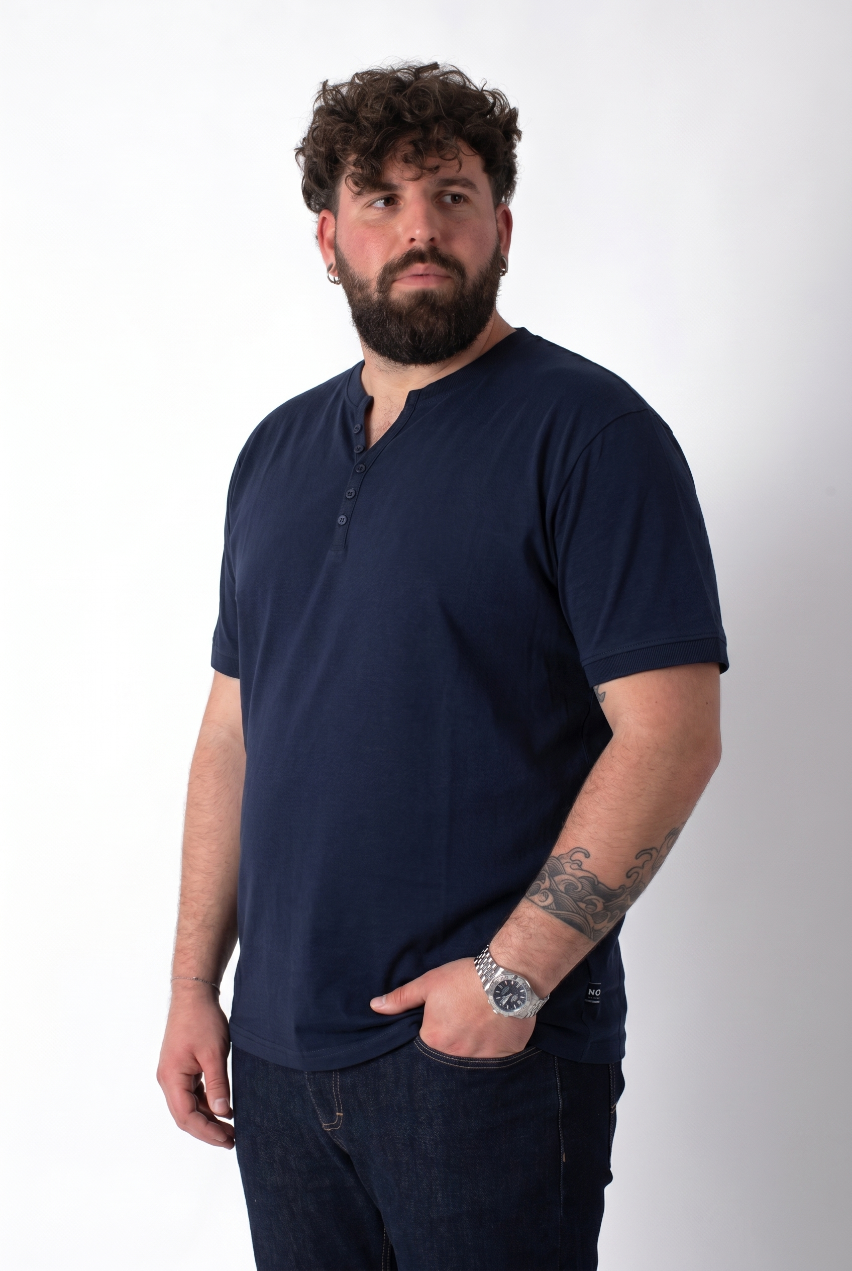 T-Shirt Serafino Blu Navy Basic Summer Uomo Taglie Forti