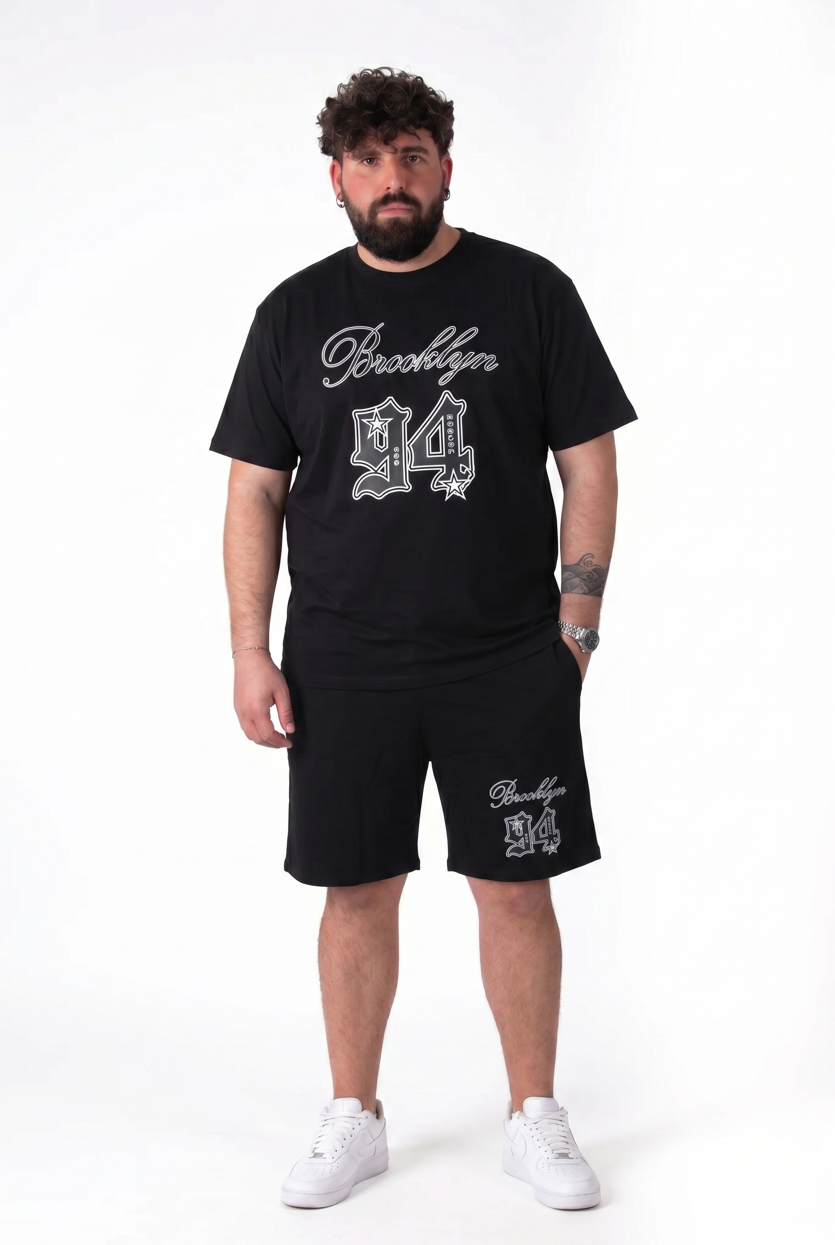 Coordinato "Brooklyn 94" Nero T-Shirt e Bermuda Uomo Taglie Forti