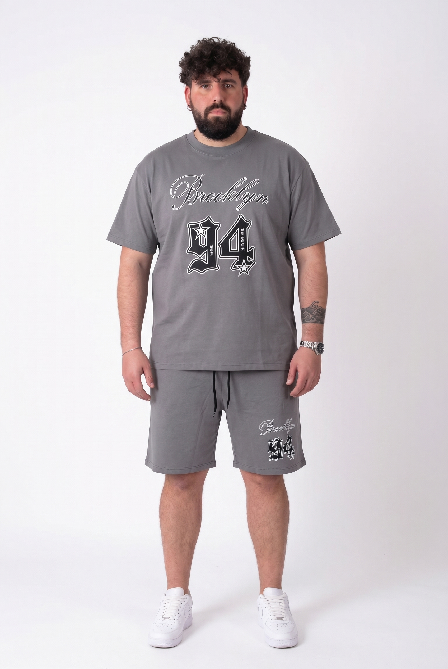 Coordinato "Brooklyn 94" Grigio T-Shirt e Bermuda Uomo Taglie Forti