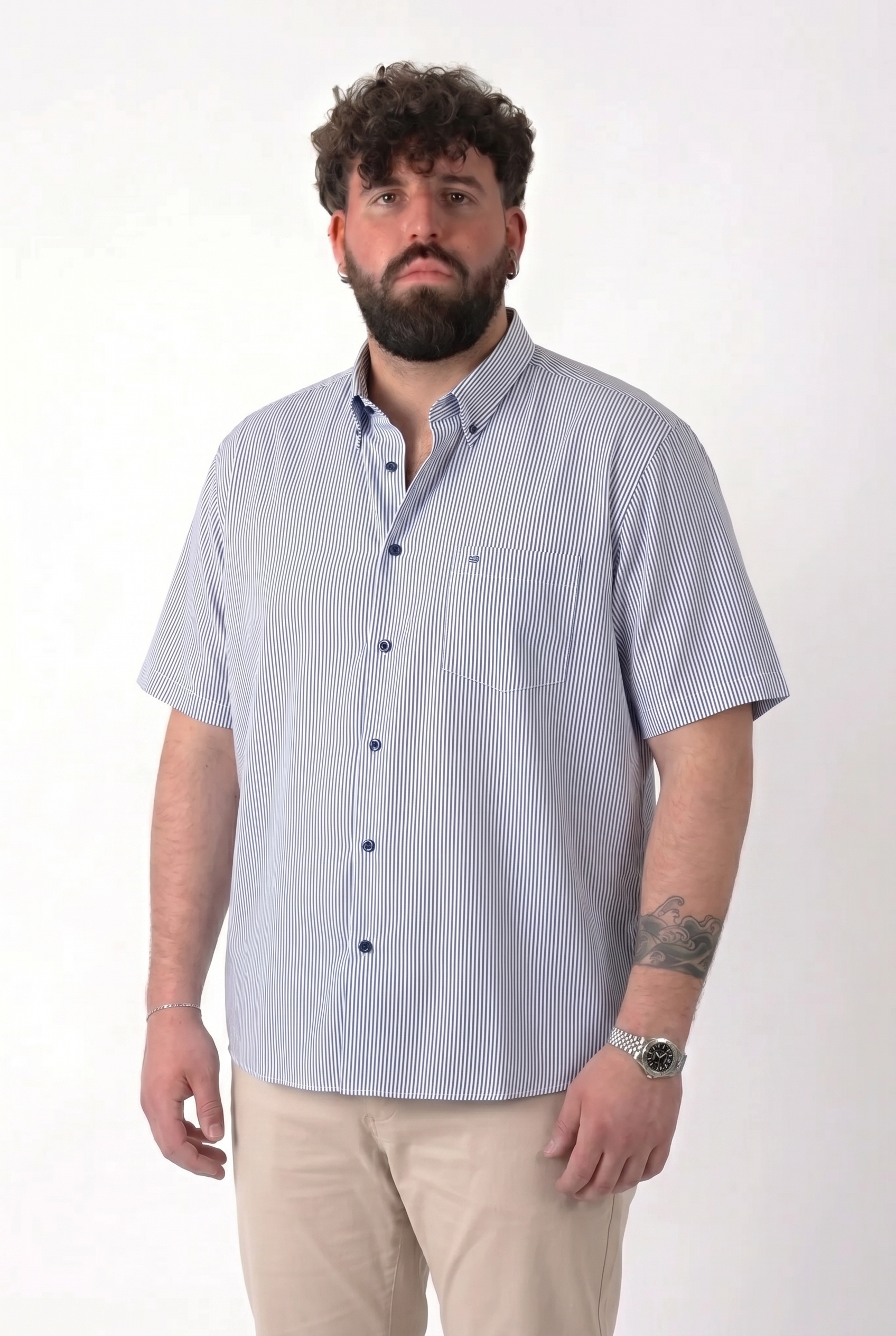 Camicia Manica Corta a Righe Azzurre e Bianche Uomo Taglie Forti
