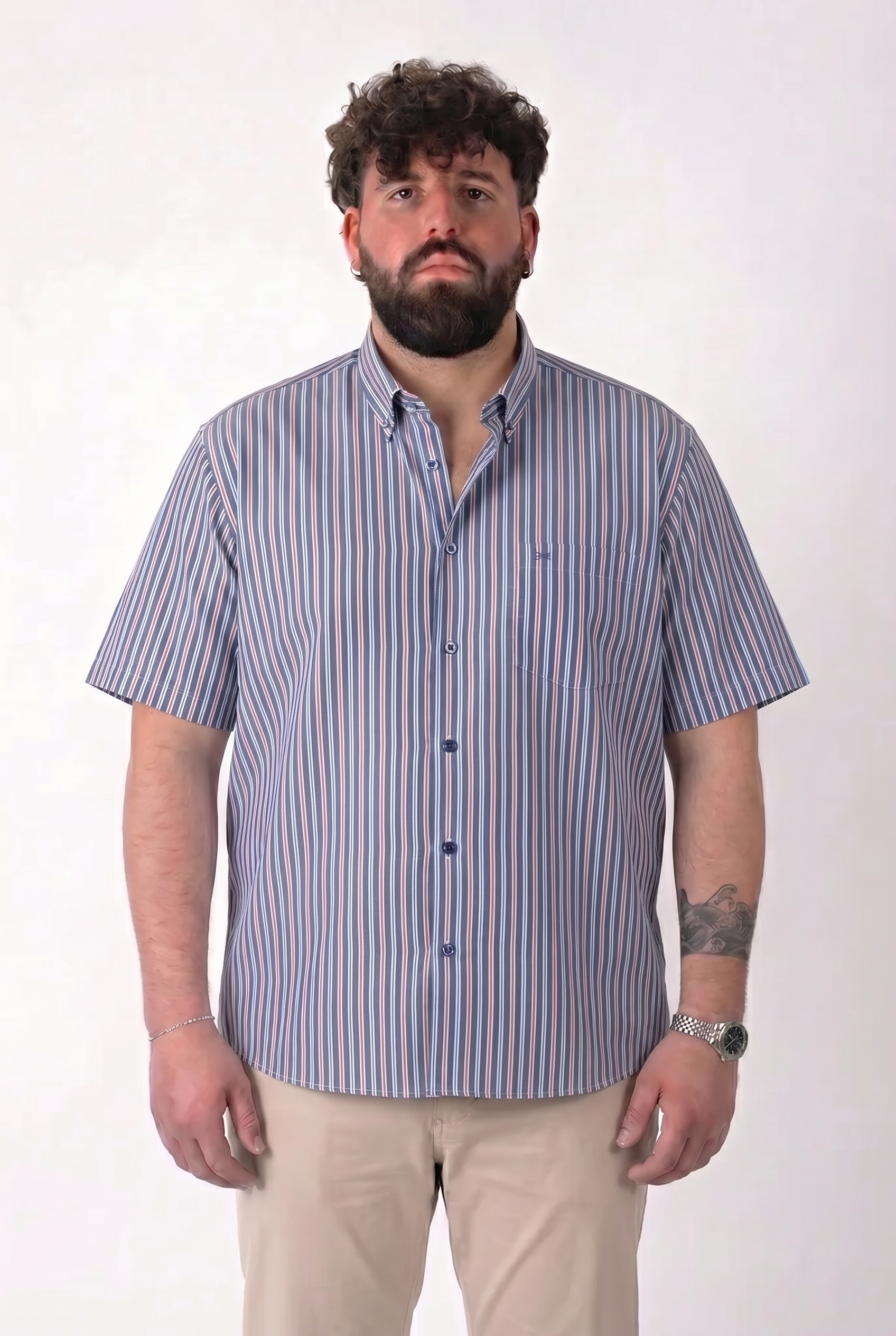 Camicia Manica Corta a Righe Multicolore Blu Rosa e Bianca Uomo Taglie Forti