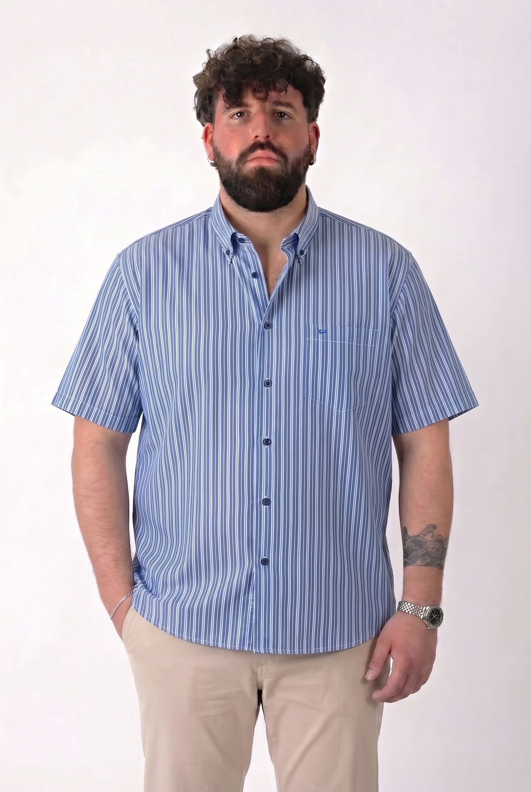 Camicia Manica Corta a Righe Sottili Blu e Bianca Uomo Taglie Forti