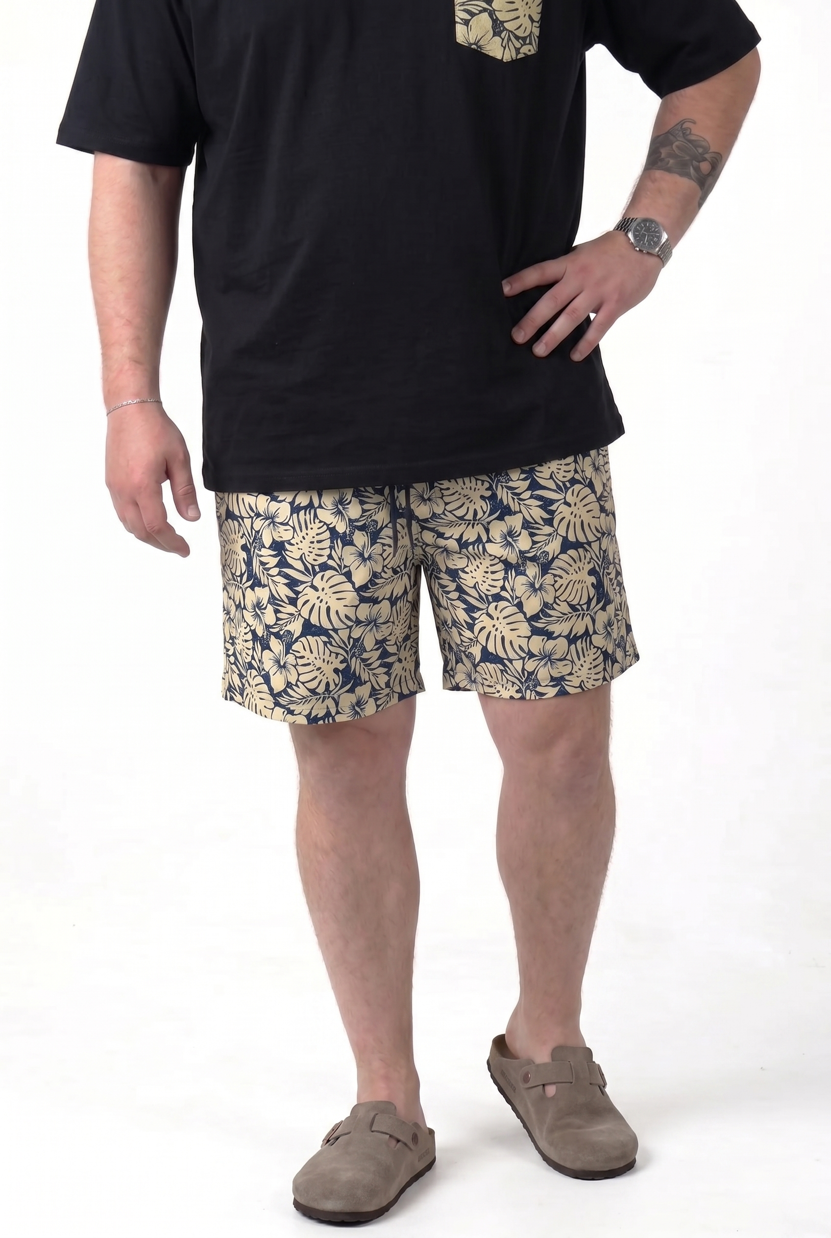 Costume da Bagno Fantasia Foglie Tropicali Beige e Blu Uomo Taglie Forti