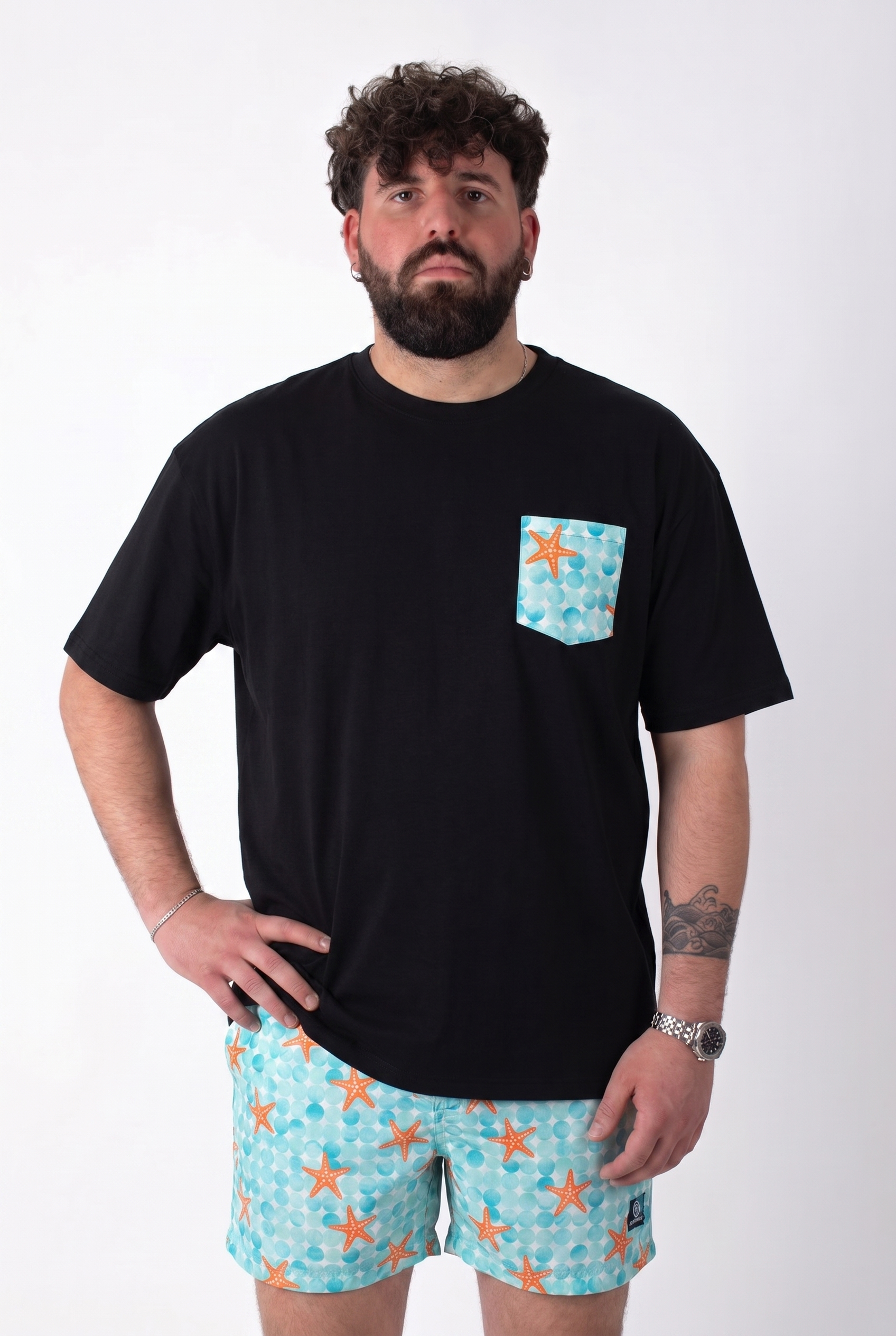 T-Shirt Blu con Taschino Fantasia Stelle Marine Uomo Taglie Forti
