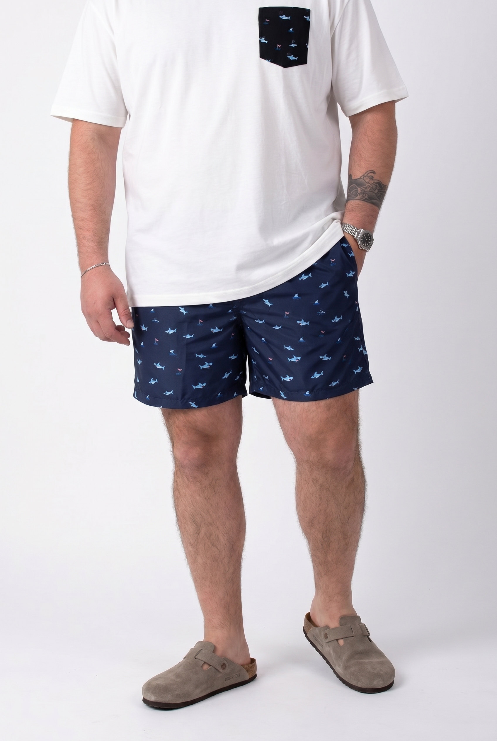 Costume da Bagno Fantasia Squali Blu Navy Uomo Taglie Forti