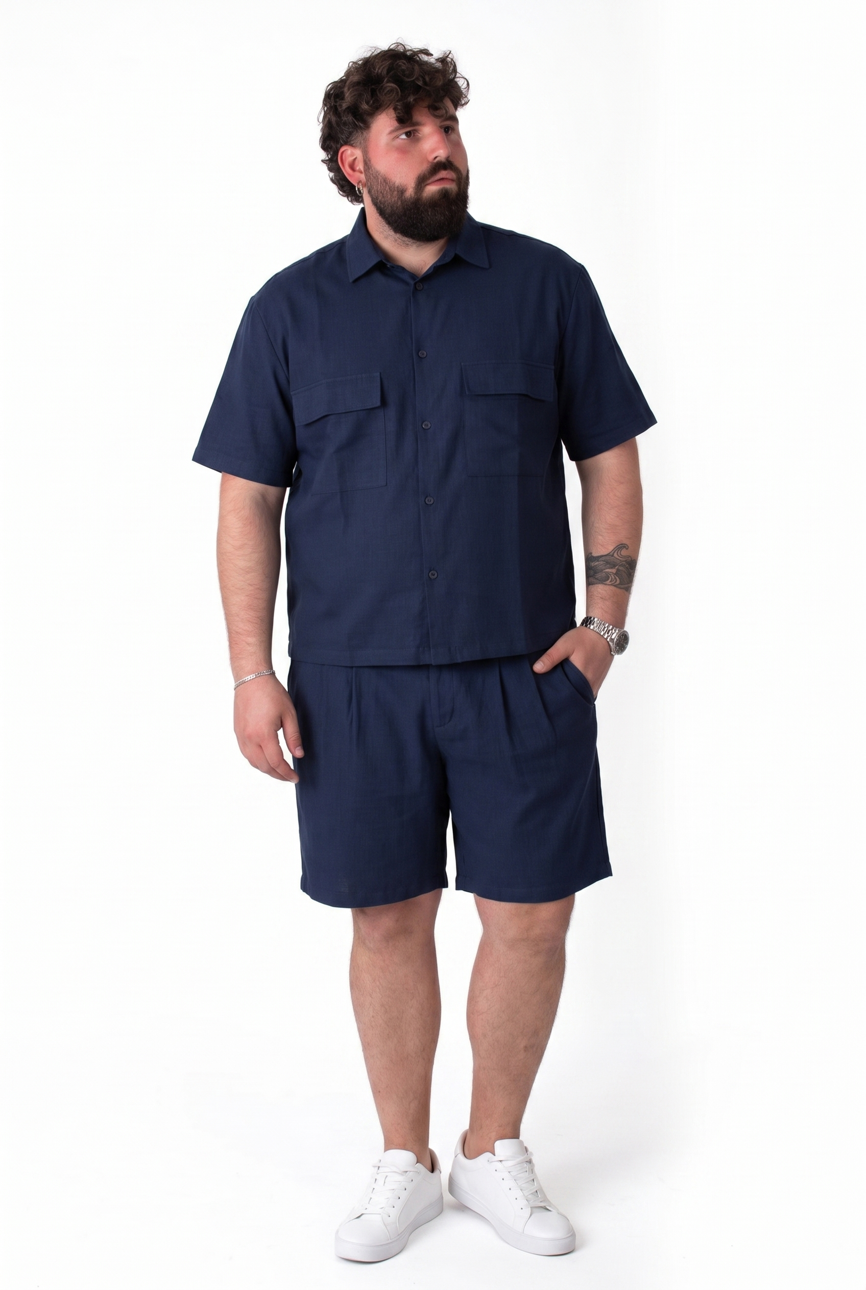 Coordinato Estivo Blu Navy Camicia e Bermuda con Pinces Uomo Taglie Forti