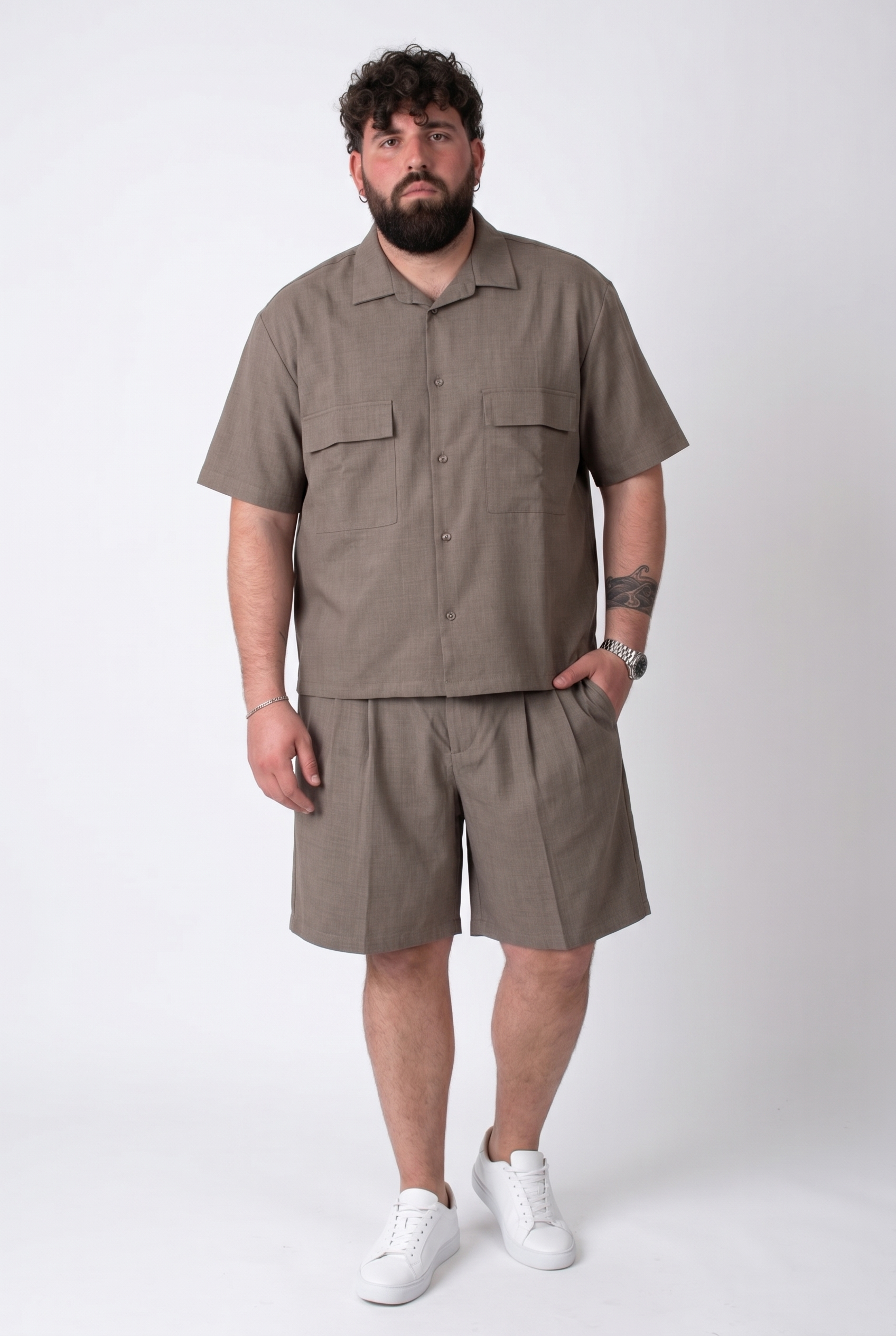 Coordinato Estivo Fango Camicia e Bermuda con Pinces Uomo Taglie Forti