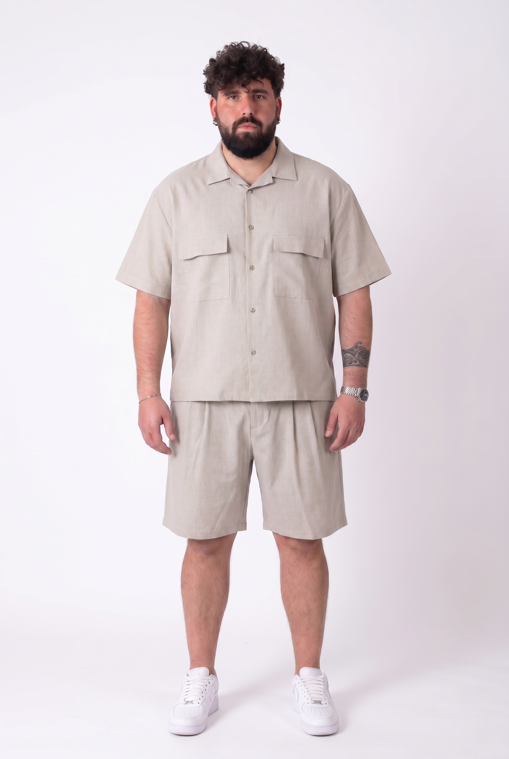 Coordinato Estivo Beige Camicia e Bermuda con Pinces Uomo Taglie Forti