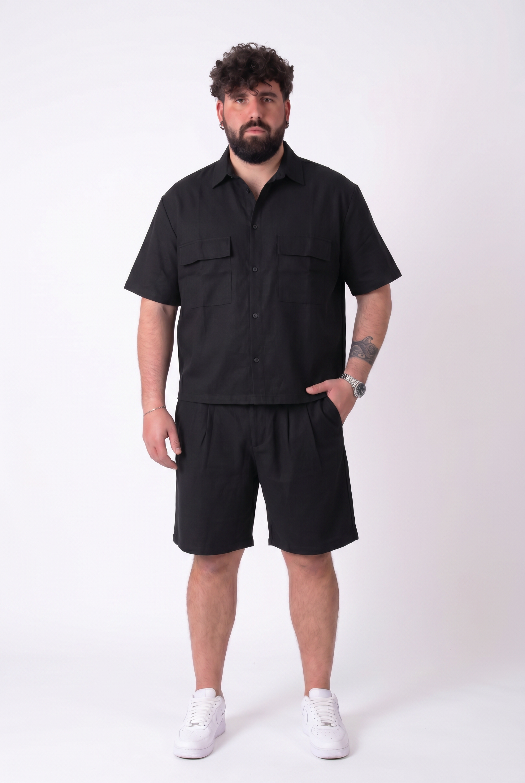Coordinato Estivo Nero Camicia e Bermuda con Pinces Uomo Taglie Forti