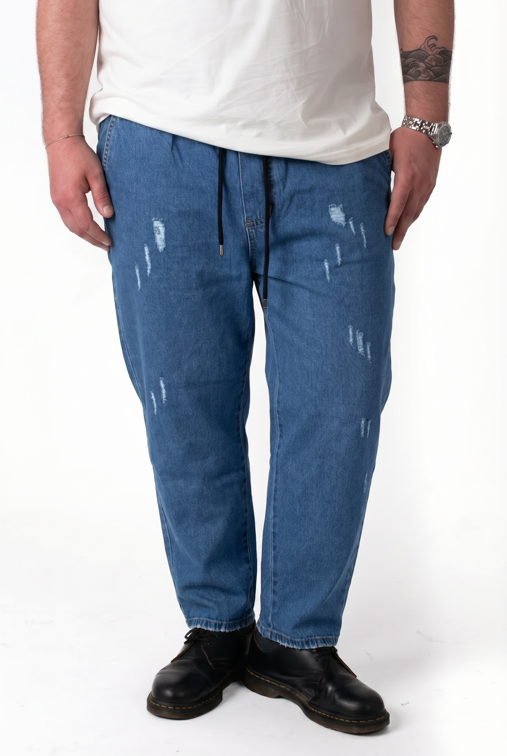 Pantalaccio Denim Medio con Abrasioni e Bustino in Molla Uomo Taglie Forti