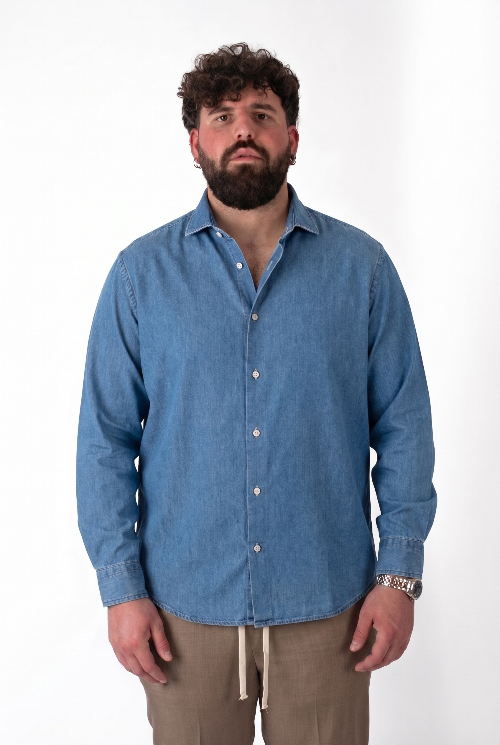Camicia Denim Blu Medio Colletto Classico Uomo Taglie Forti