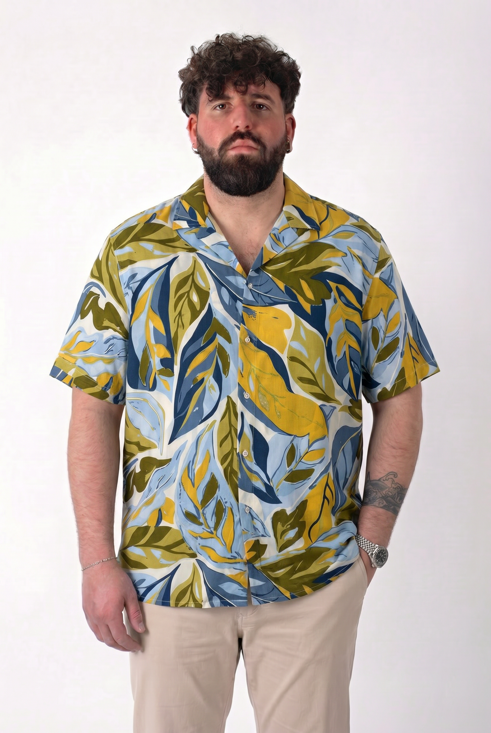 Camicia Bowling Fantasia Foglie Tropicali Multicolore Uomo Taglie Forti