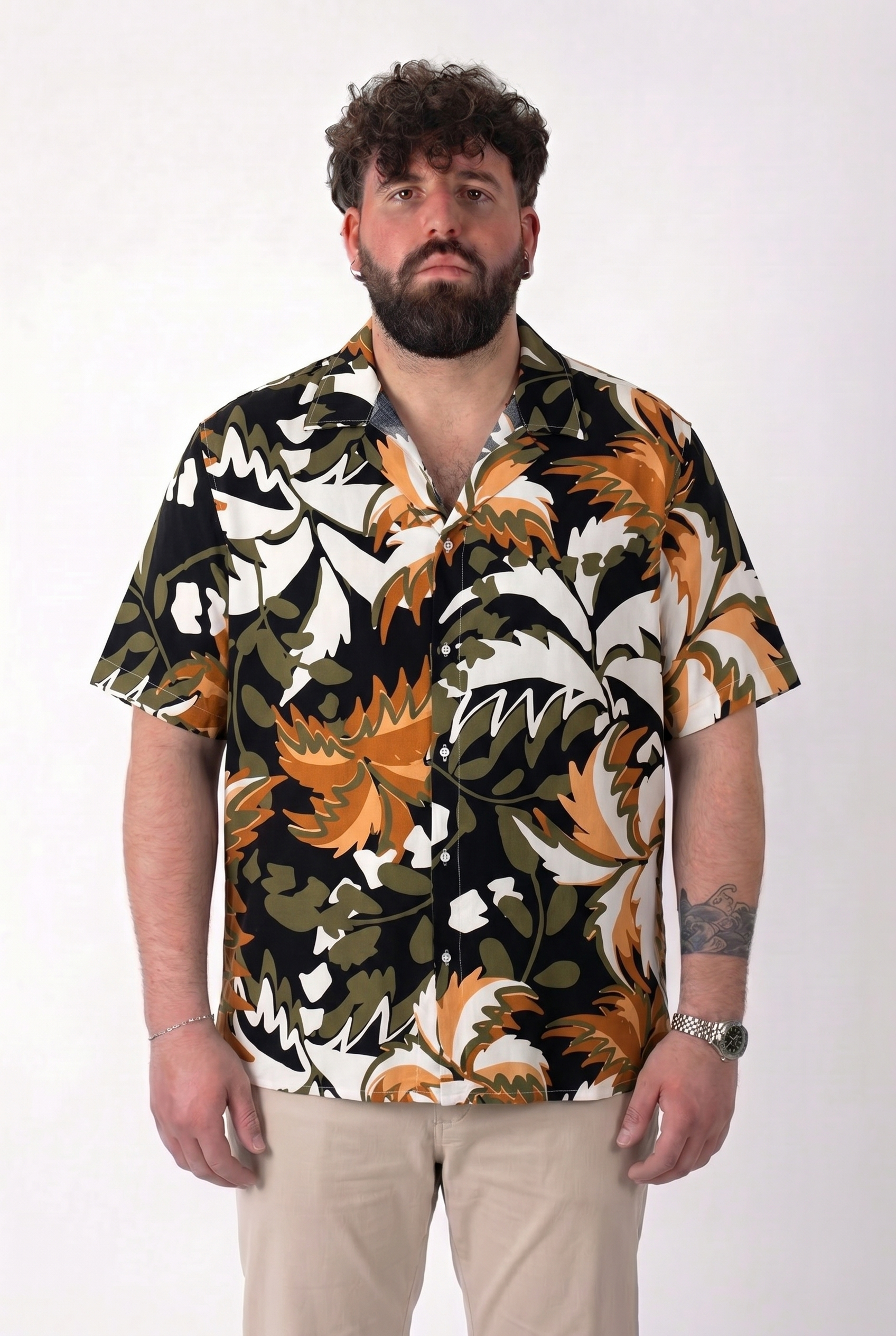 Camicia Bowling Fantasia Foglie Arancio e Verde su Nero Uomo Taglie Forti