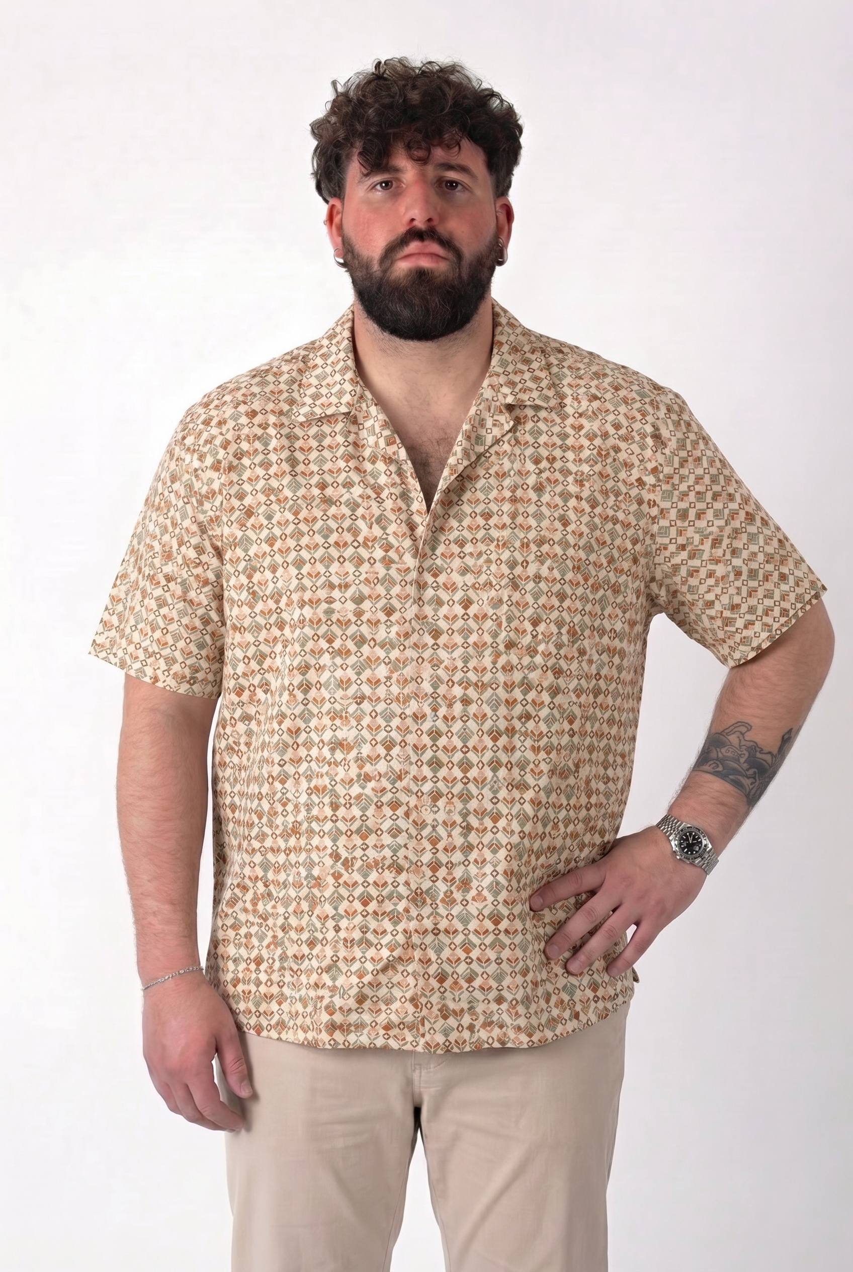 Camicia Bowling Fantasia Geometrica Beige e Terracotta Uomo Taglie Forti