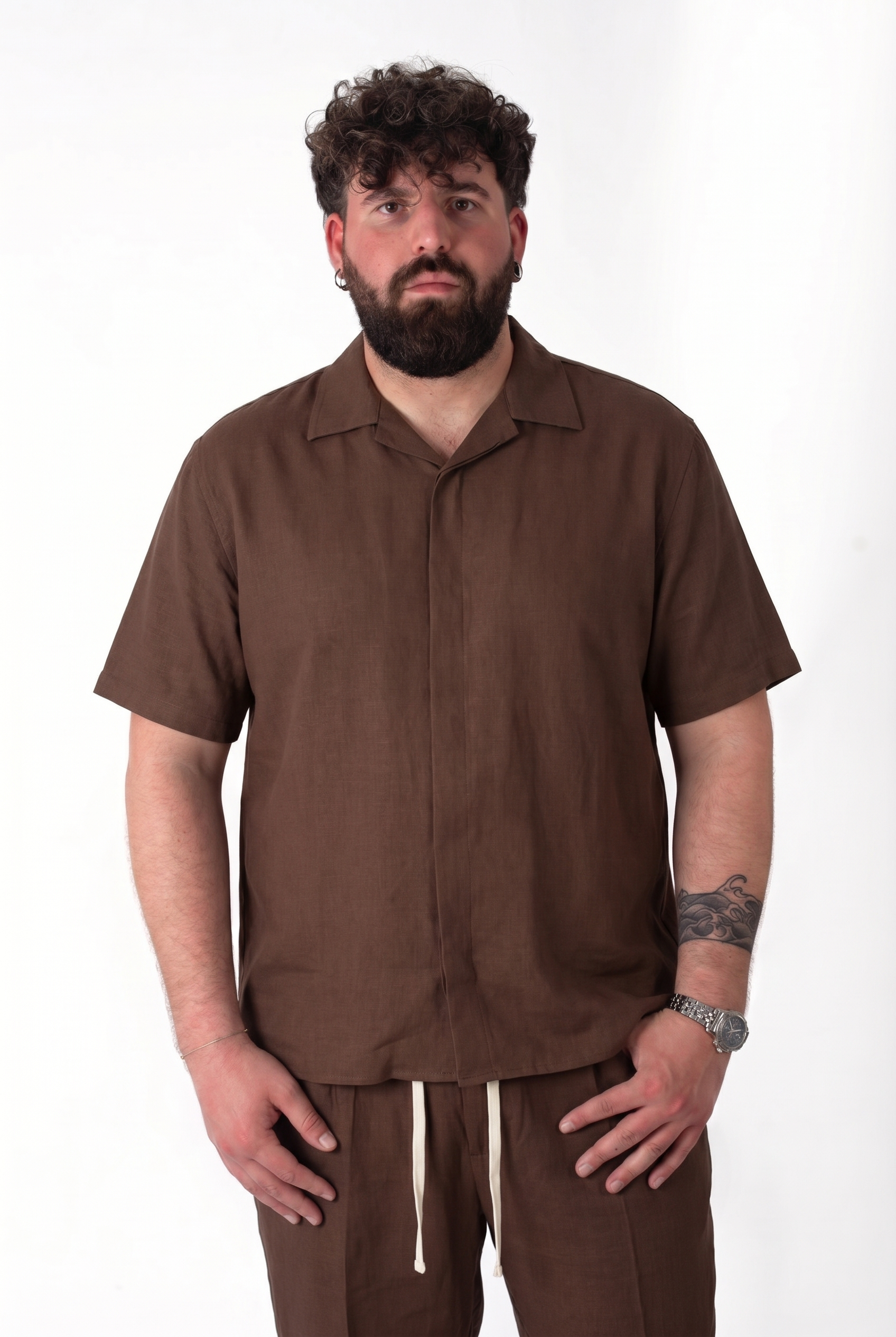 [PREORDER] Camicia Fuerteventura Marrone Cioccolato in Lino Manica Corta Colletto Revers Uomo Taglie Forti
