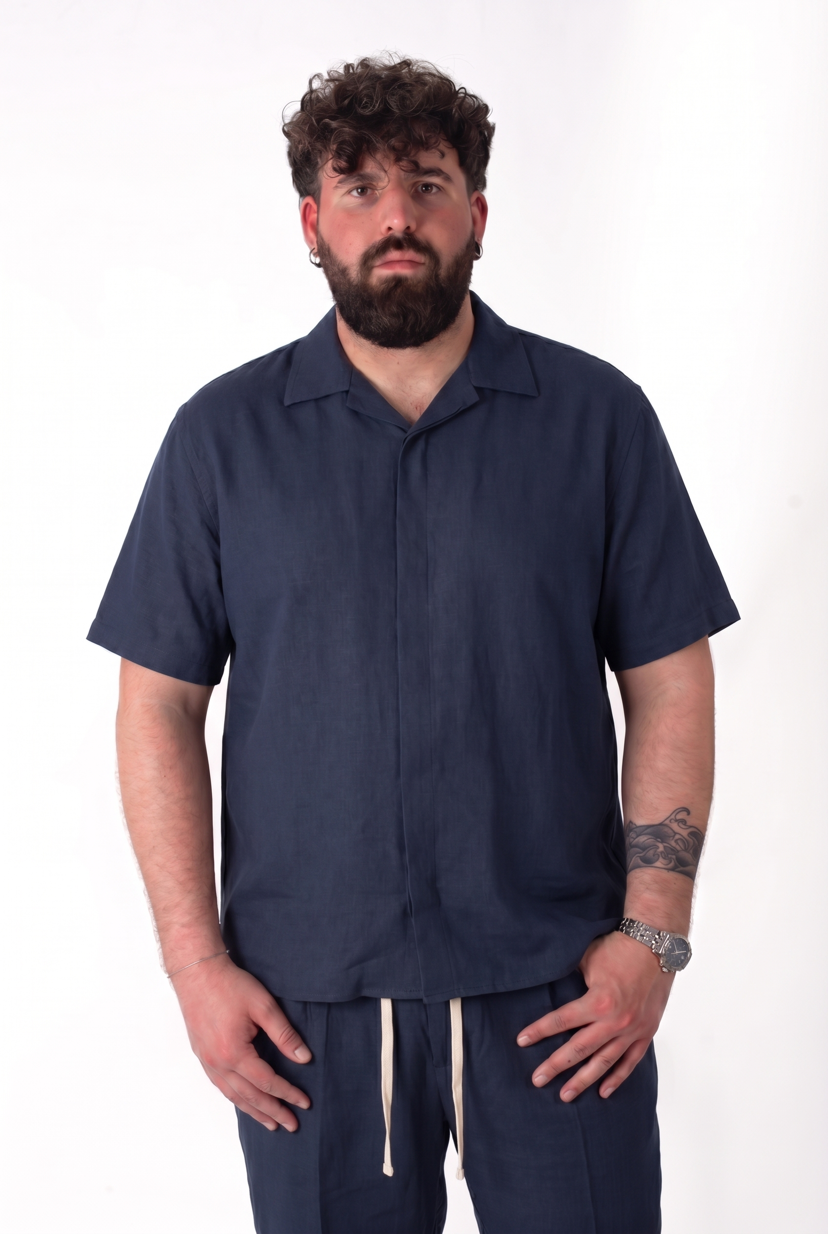 Camicia Fuerteventura Blu Navy in Lino Manica Corta Colletto Revers Uomo Taglie Forti