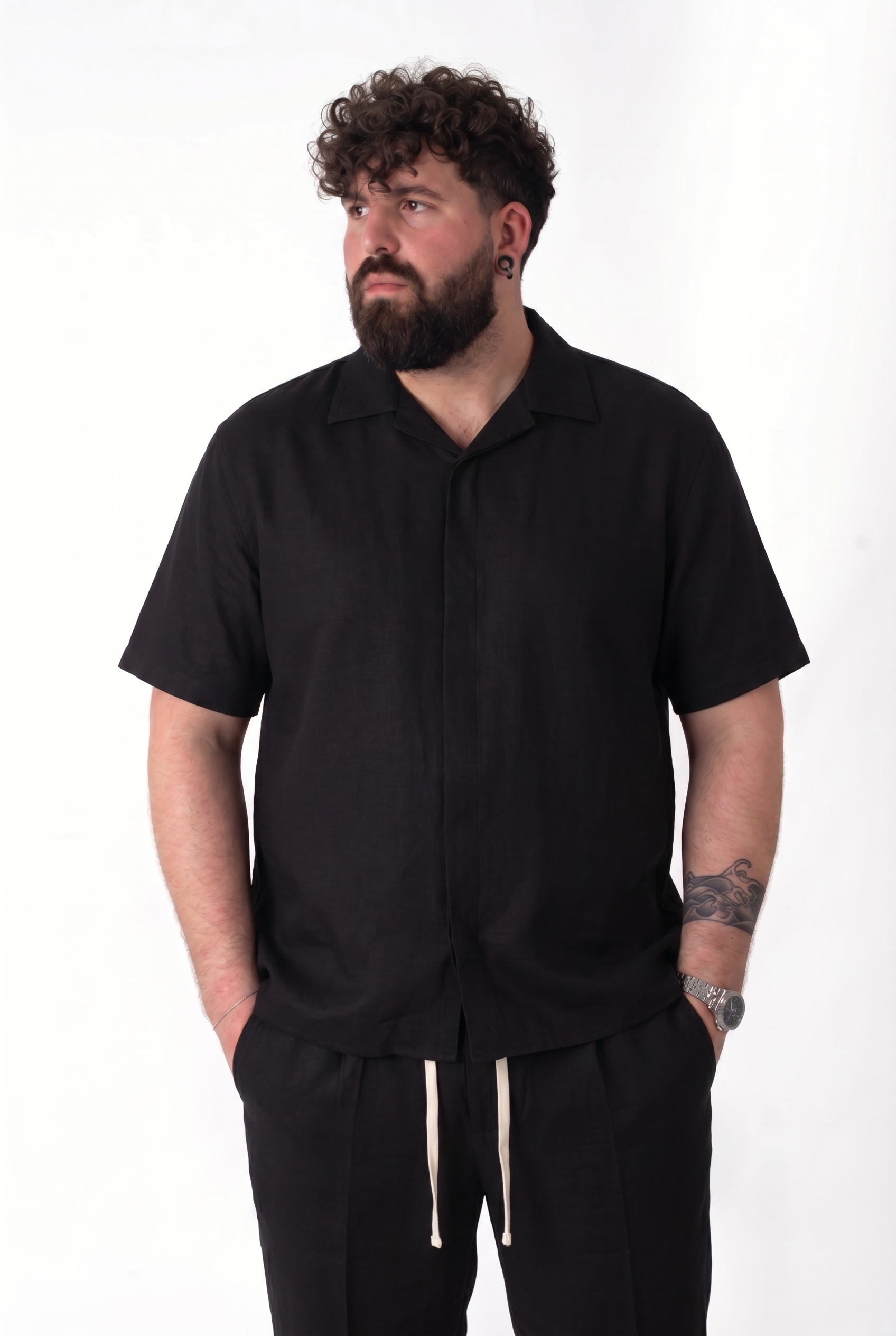 Camicia Fuerteventura Nero in Lino Manica Corta Colletto Revers Uomo Taglie Forti
