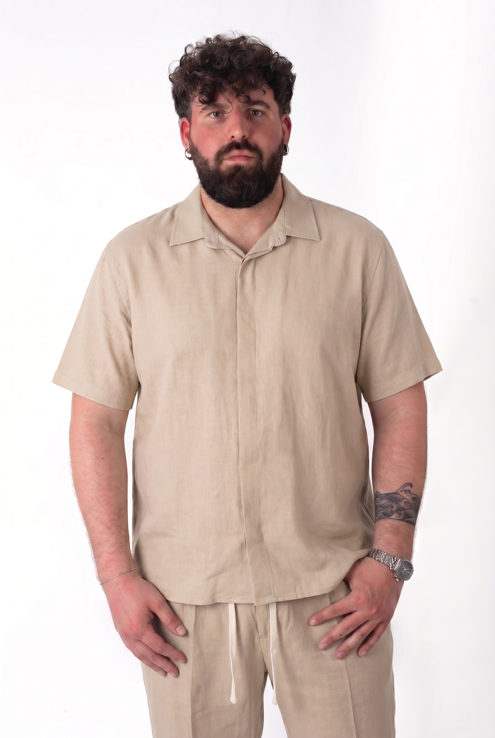 [PREORDER] Camicia Fuerteventura Beige in Lino Manica Corta Colletto Revers Uomo Taglie Forti
