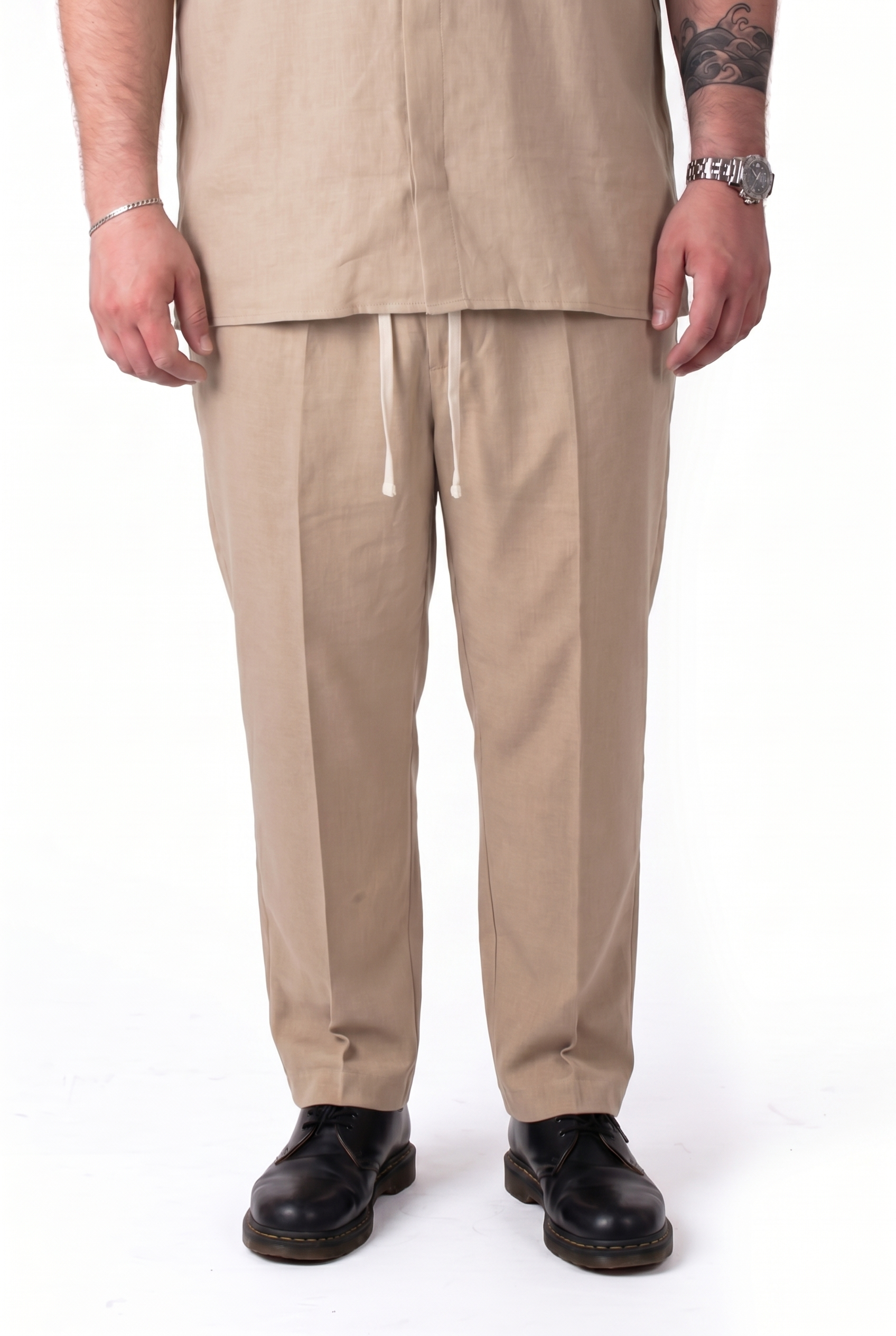 Pantalaccio Fuerteventura Beige in Lino con Pinces e Laccio Uomo Taglie Forti