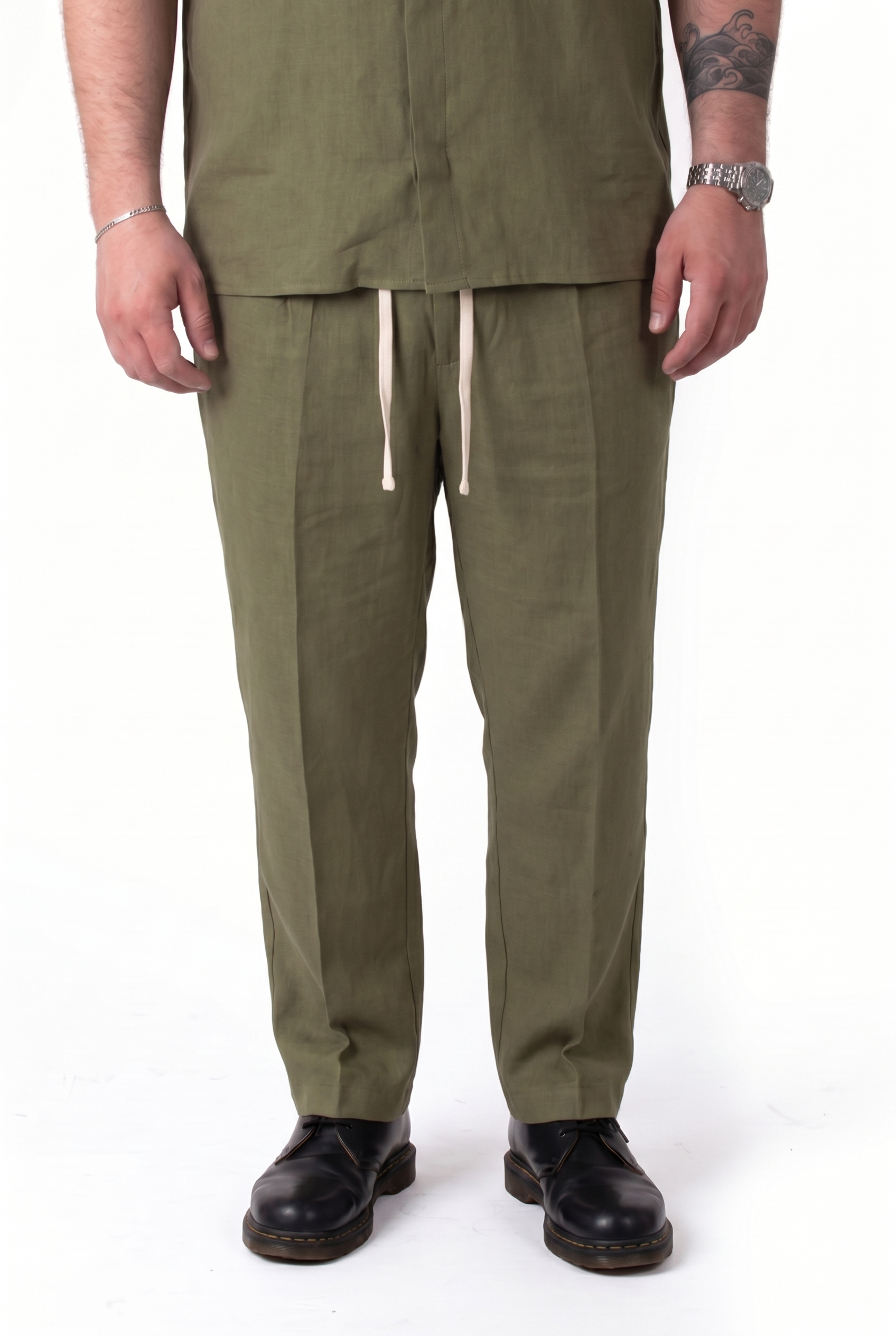 Pantalaccio Fuerteventura Verde Militare in Lino con Pinces e Laccio Uomo Taglie Forti