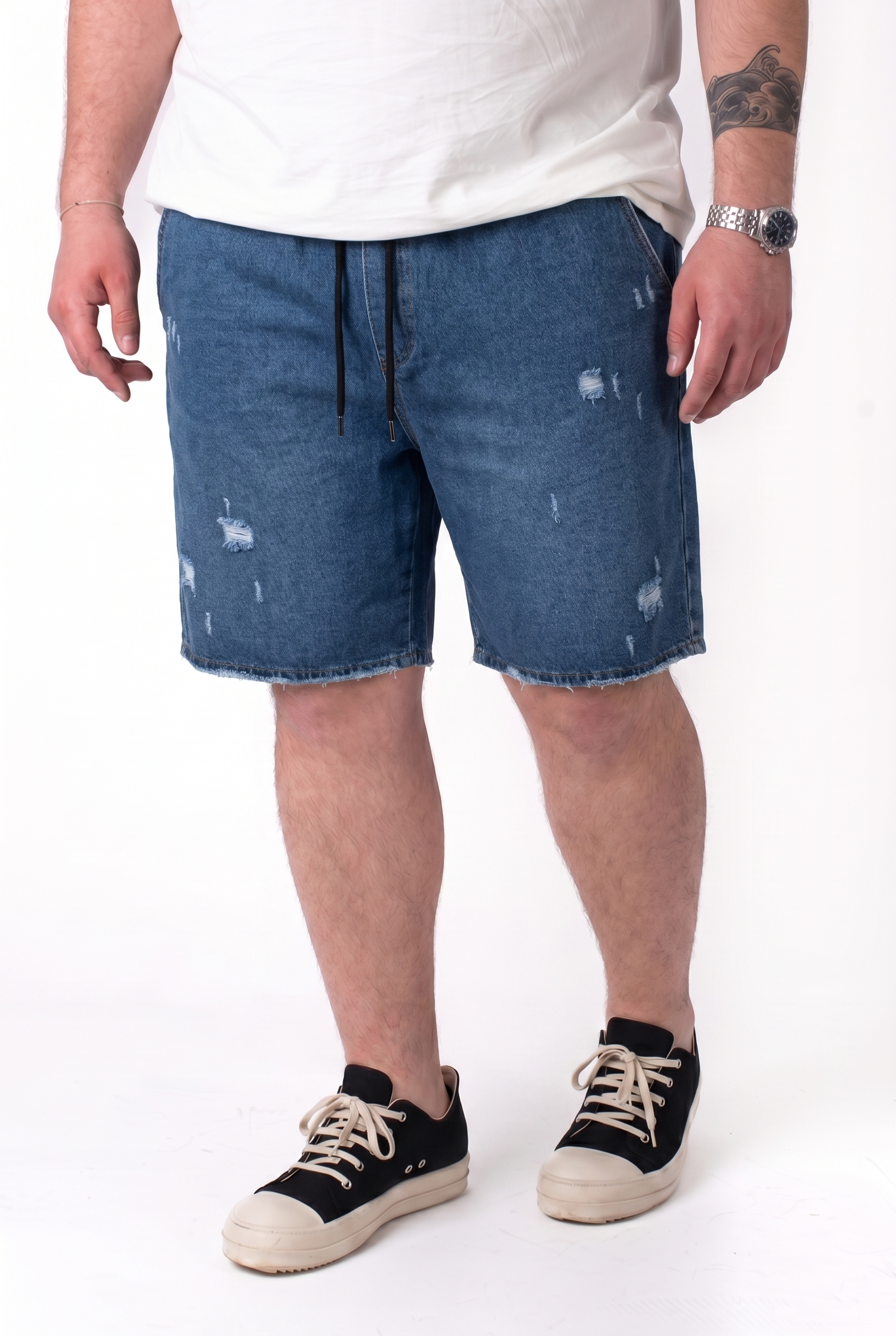 Bermuda Brooklyn Denim Blu Medio con Abrasioni Uomo Taglie Forti