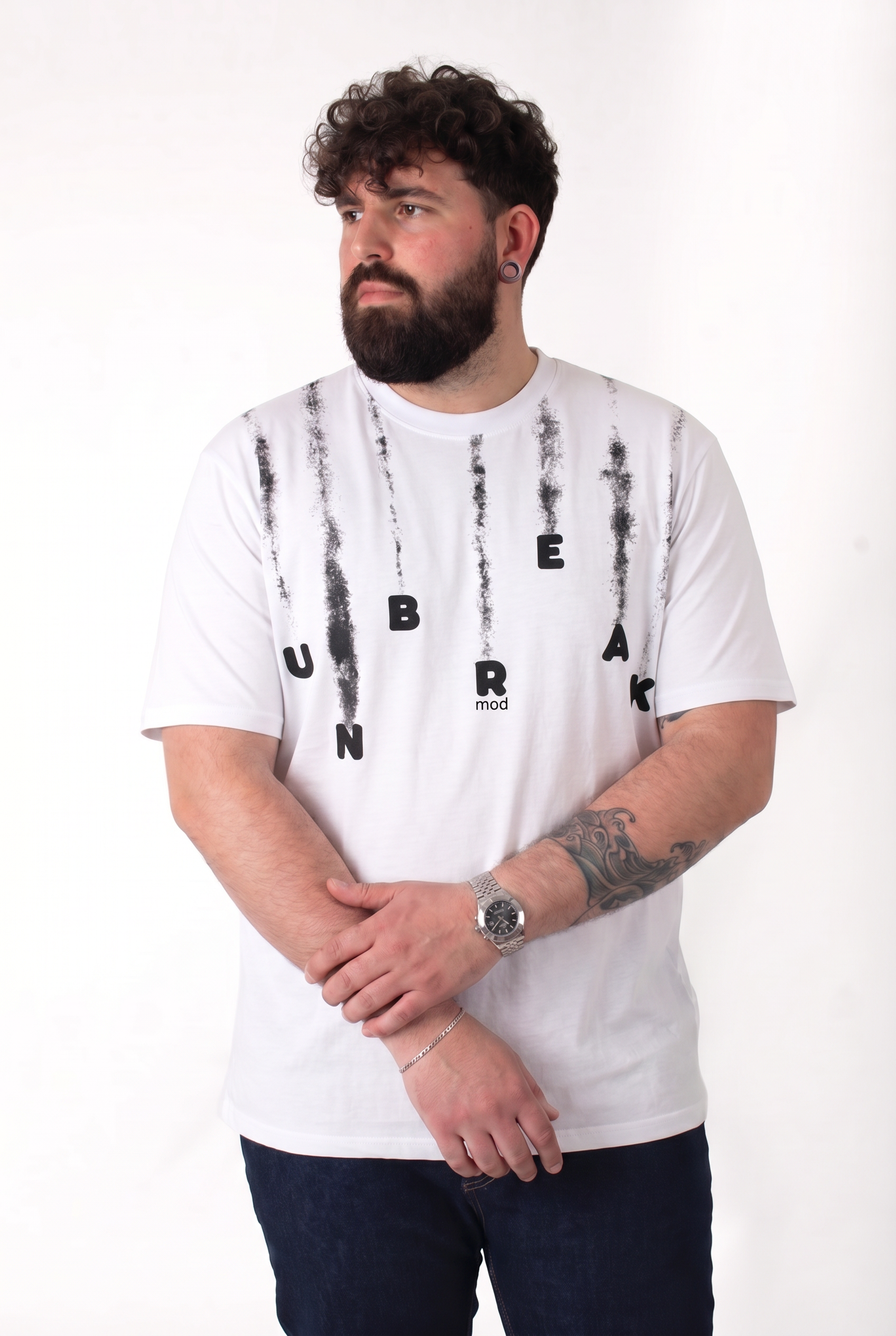 T-Shirt Bianca "Unbreak" Stampa Grafica Uomo Taglie Forti