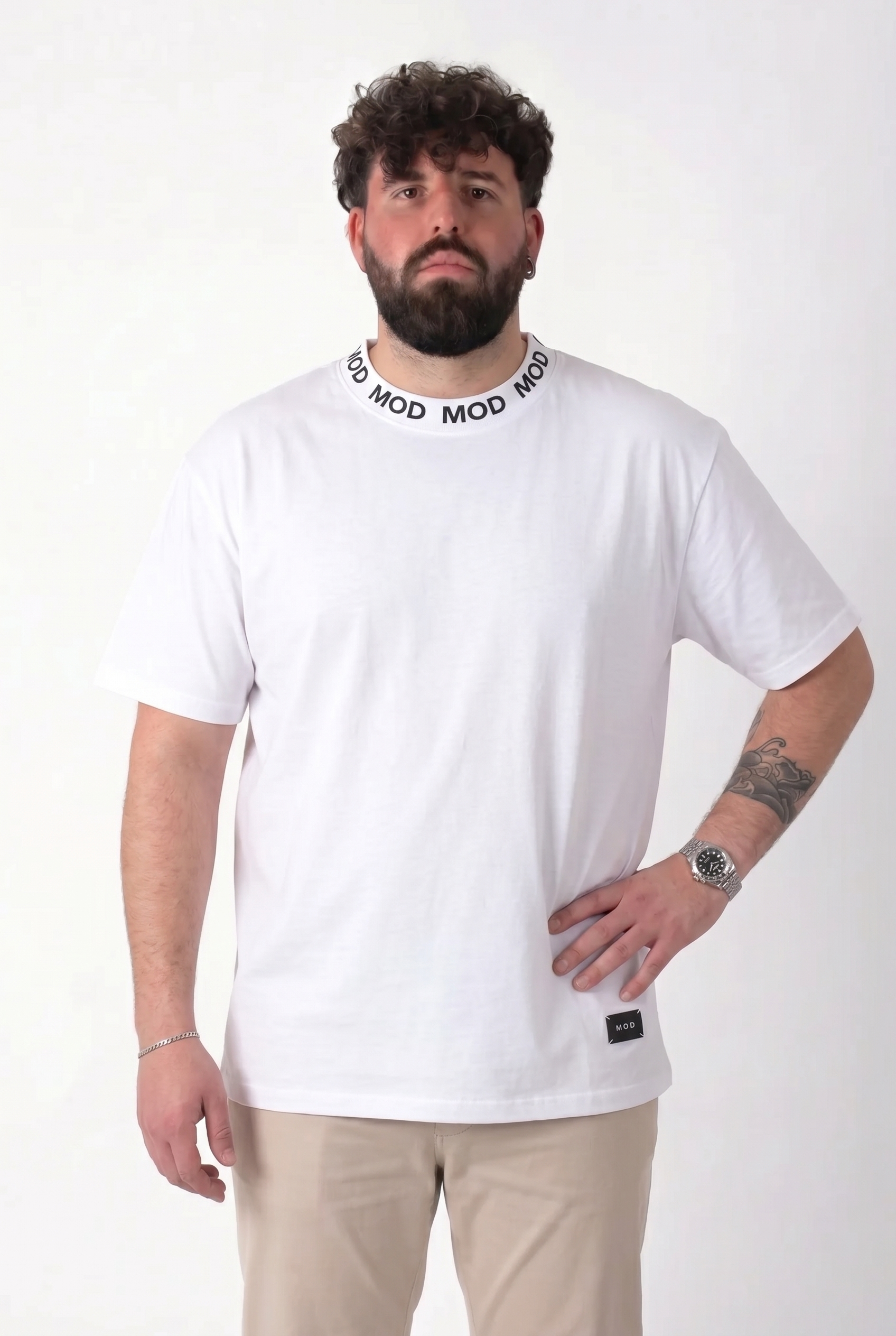 T-Shirt Beige con Scritta Ricamata sul Colletto Uomo Taglie Forti