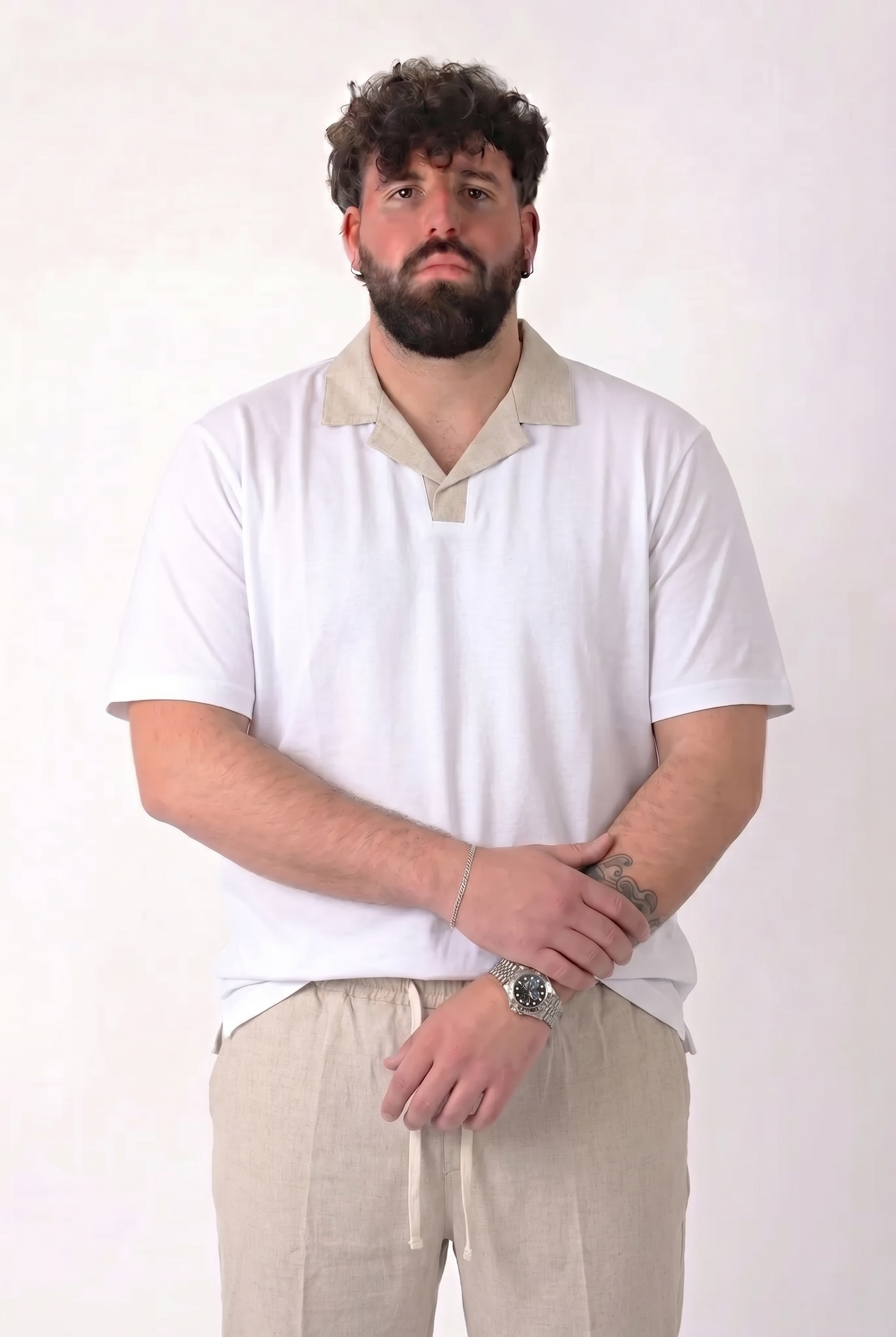 Maglia Bianca con Colletto Aperto in Lino Beige Uomo Taglie Forti