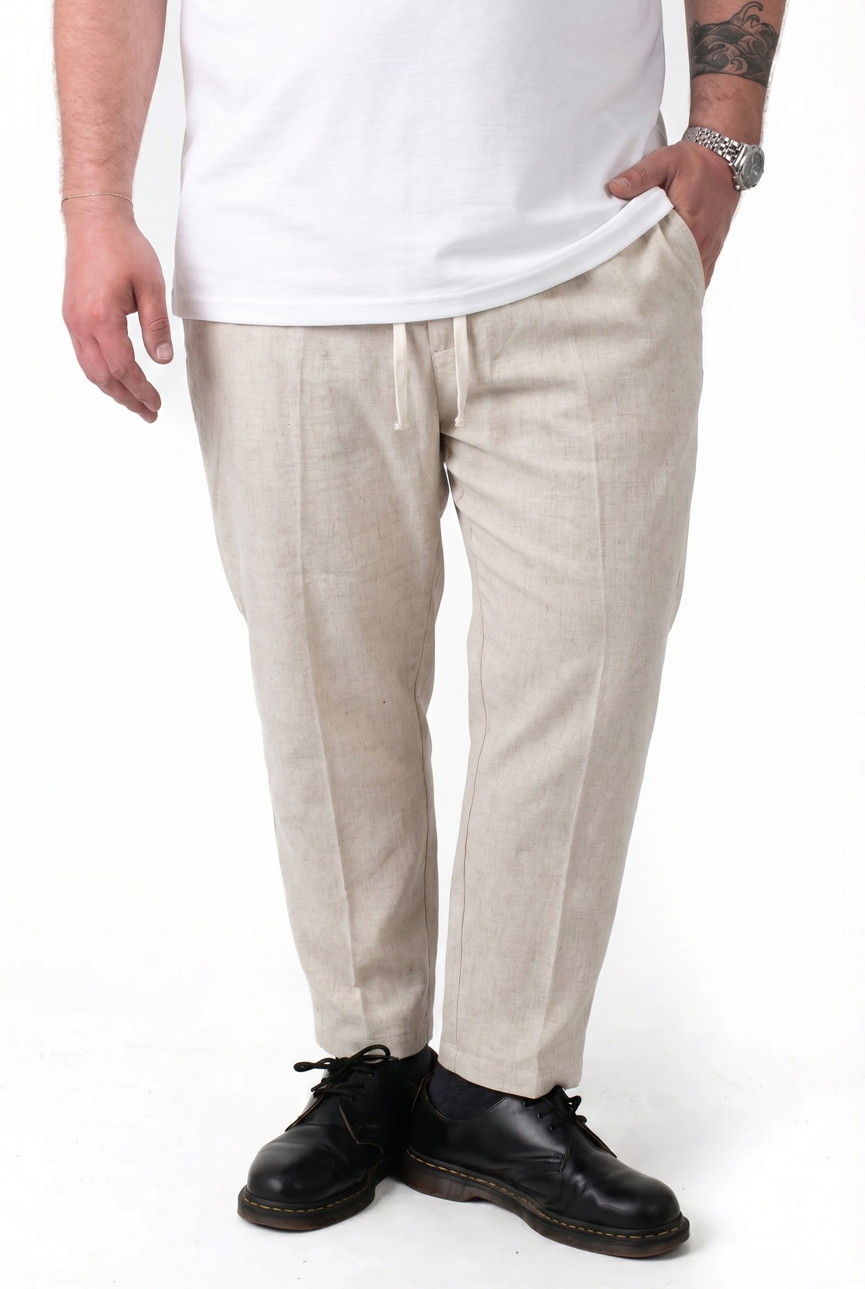 Pantalaccio Beige in Lino con Pinces e Laccio Uomo Taglie Forti