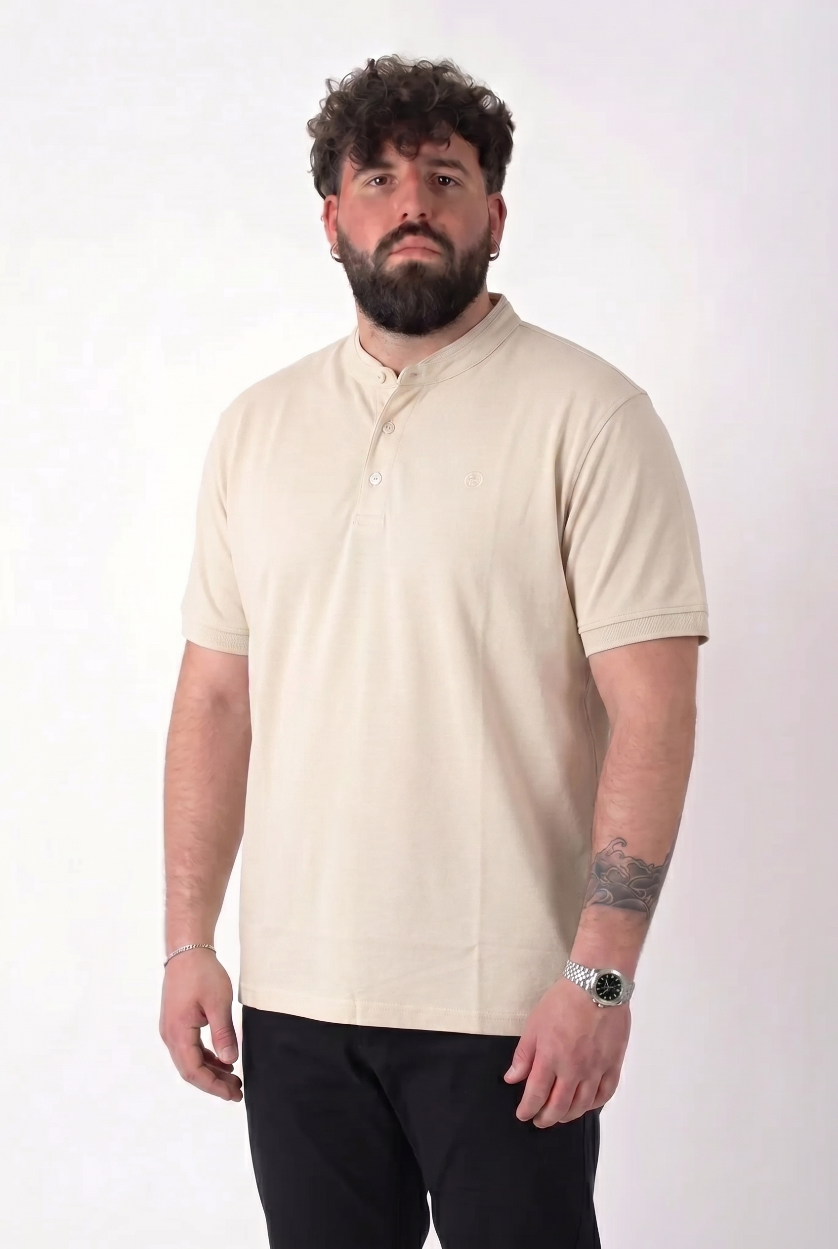 Serafino Beige in Piquet Colletto alla Coreana Uomo Taglie Forti