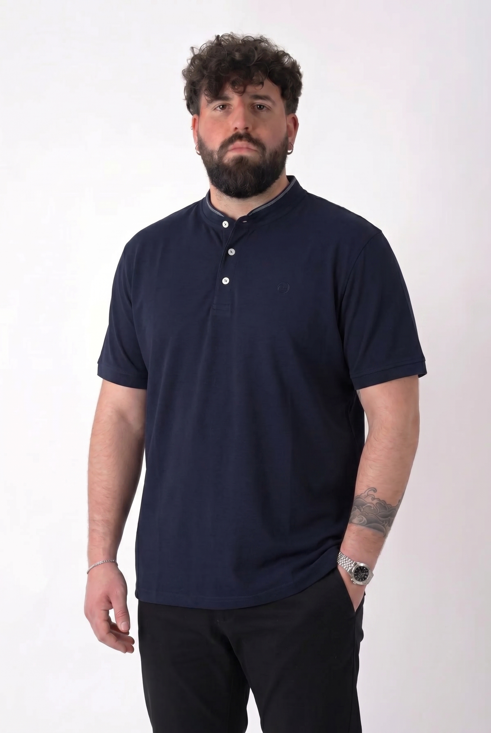 Serafino Blu Navy in Piquet Colletto alla Coreana Uomo Taglie Forti