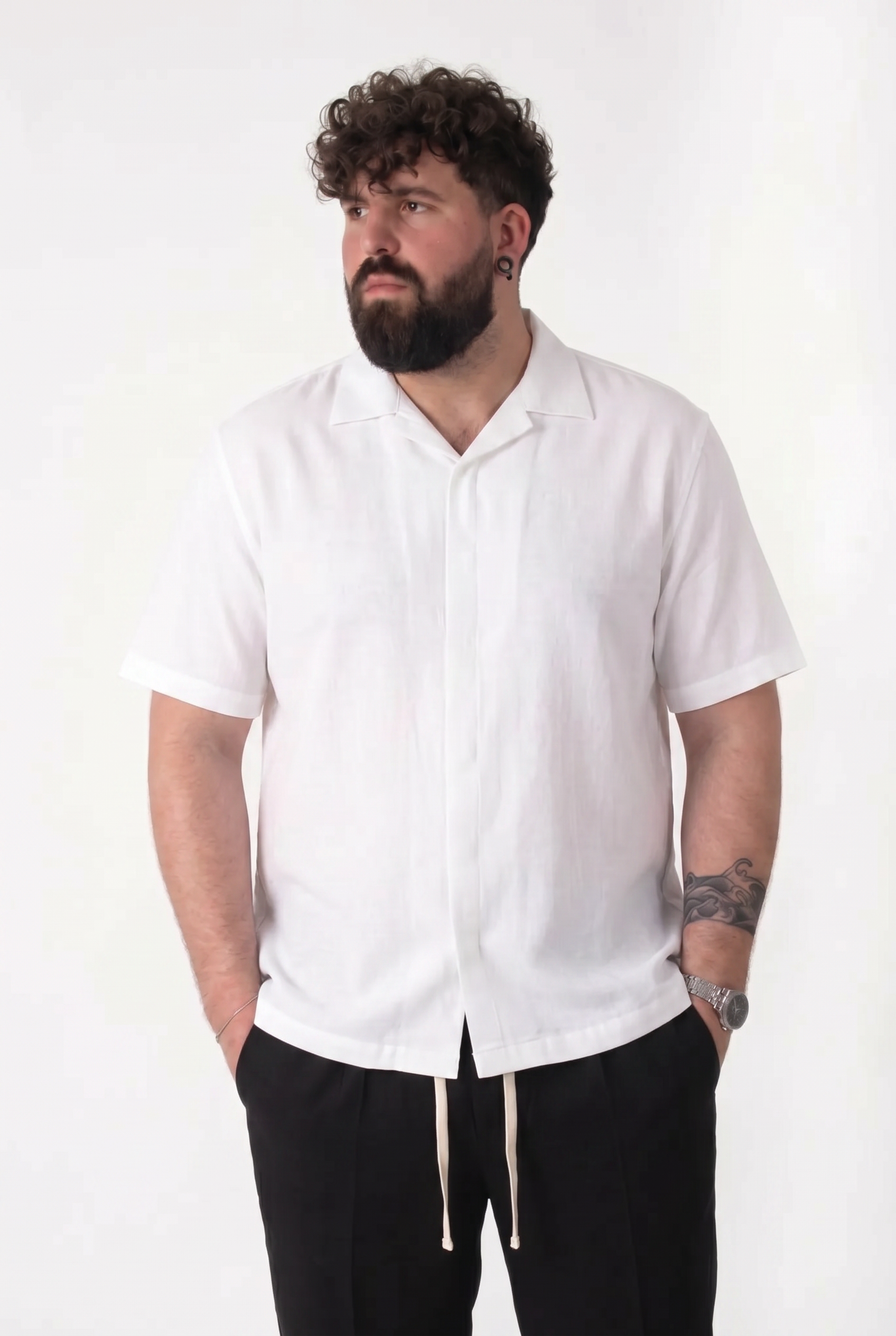 Camicia Fuerteventura Bianca in Lino Manica Corta Colletto Revers Uomo Taglie Forti