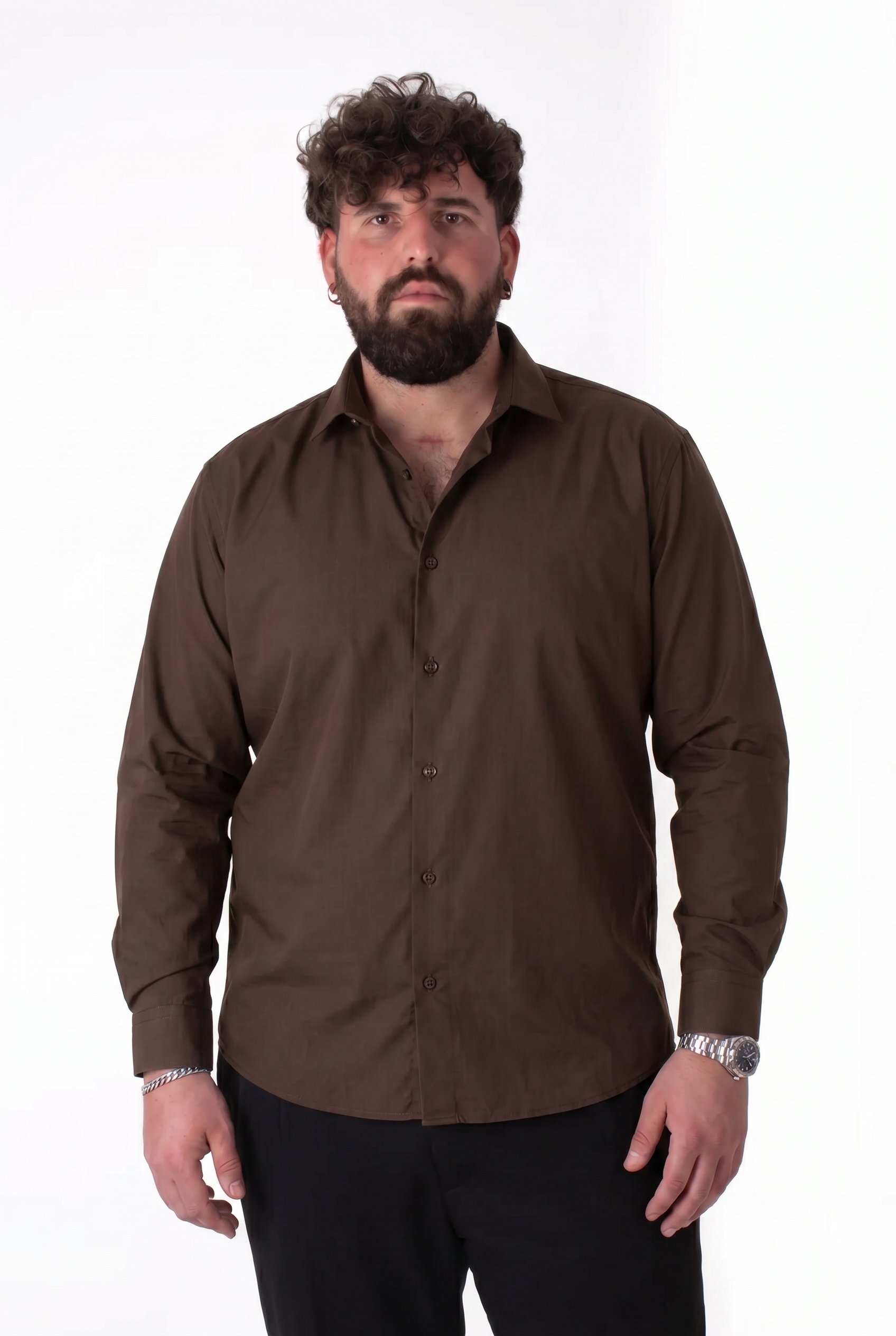 Camicia in Cotone Marrone Cioccolato Colletto Classico Uomo Taglie Forti