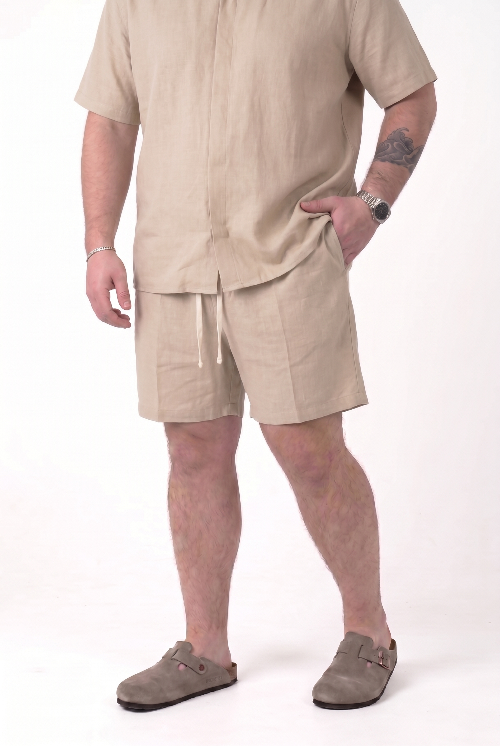 Bermuda Fuerteventura Beige in Lino con Molla in vita e Laccio Uomo Taglie Forti