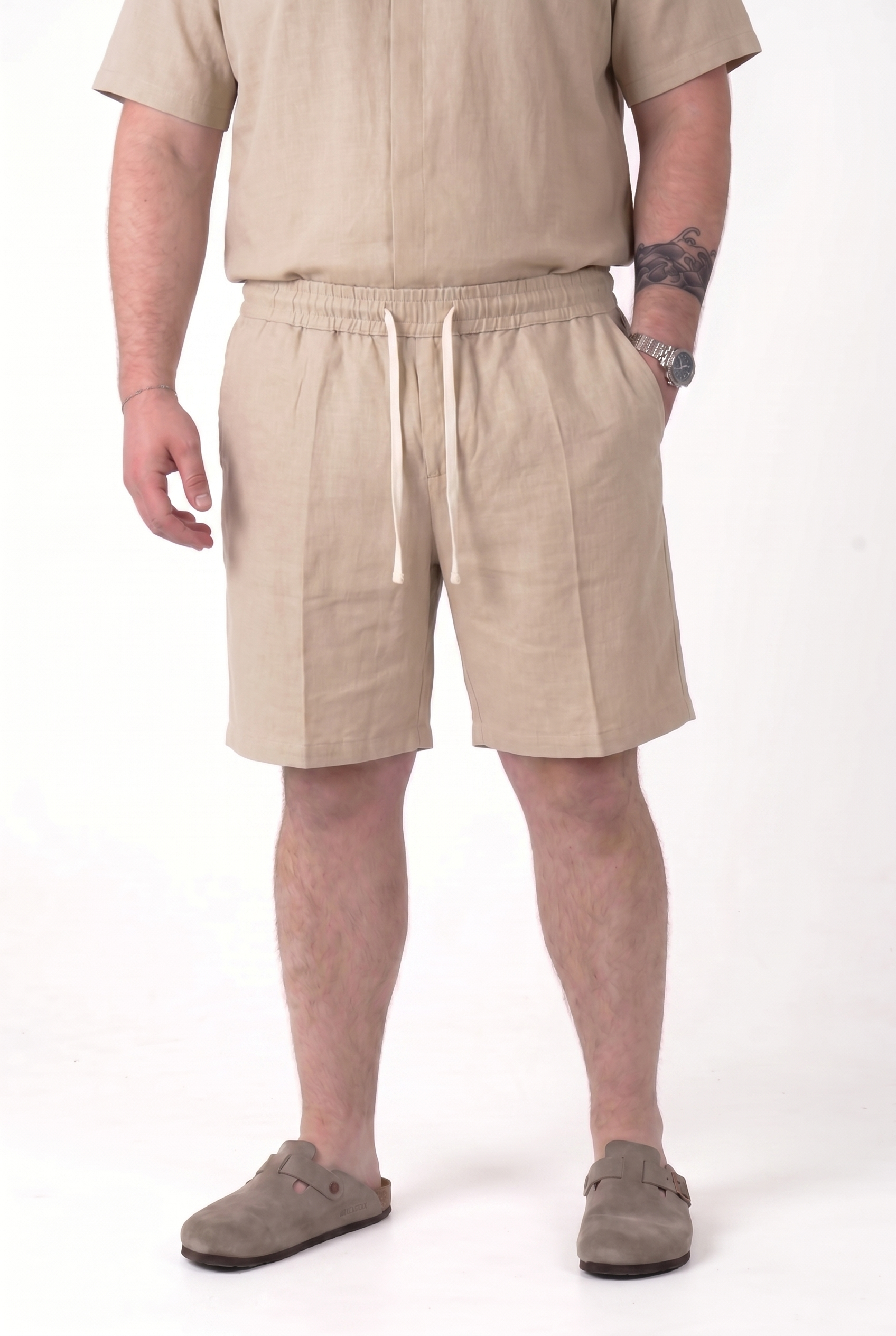 Bermuda Fuerteventura Beige in Lino con Molla in vita e Laccio Uomo Taglie Forti