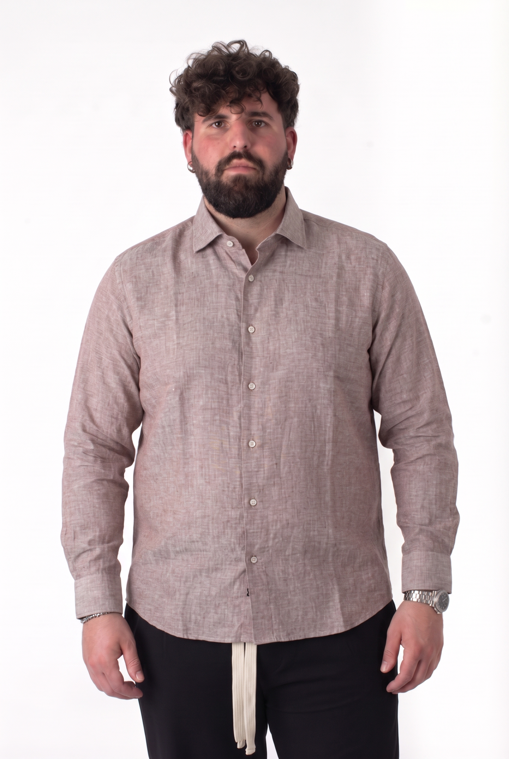 Camicia in Lino Moro Colletto Classico Manica Lunga Uomo Taglie Forti