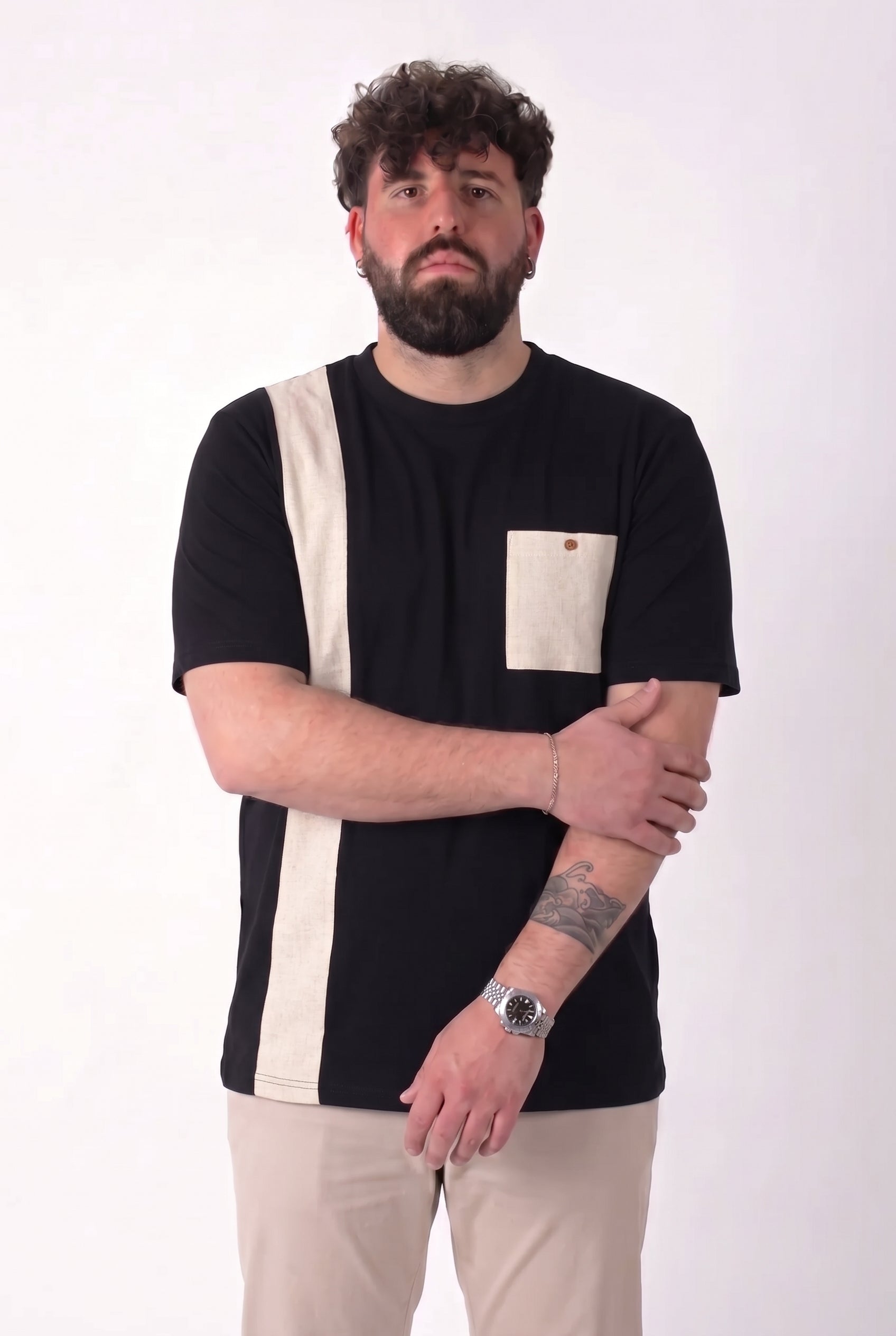 T-Shirt Fuerteventura Nera con Banda e Dettagli in Lino Beige Uomo Taglie Forti