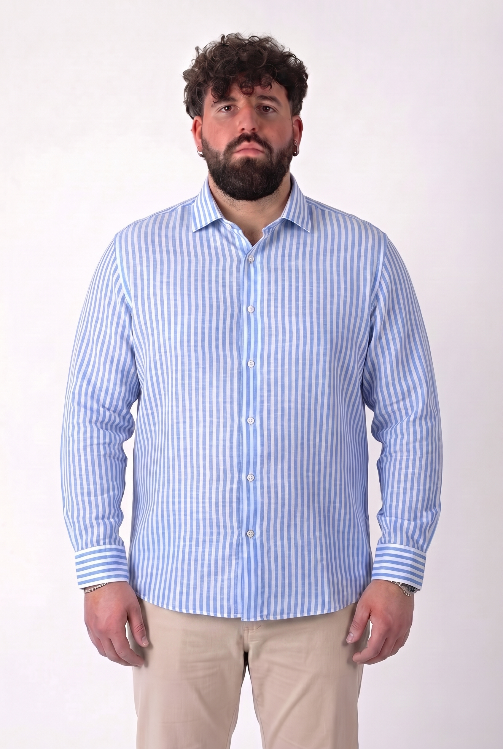 Camicia in Lino a Righe Cielo e Bianche Colletto Classico Uomo Taglie Forti