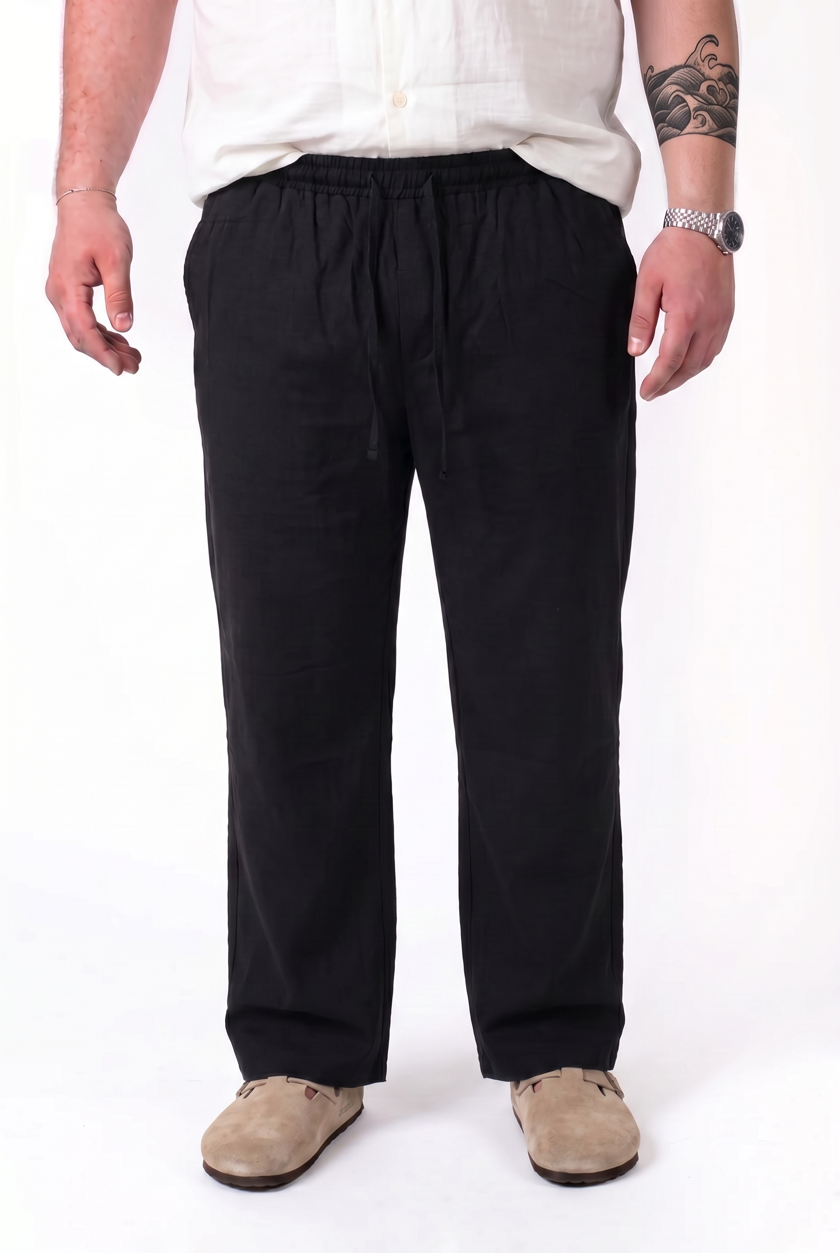 Pantalaccio Santorini Nero In Lino Fondo Largo Uomo Taglie Forti