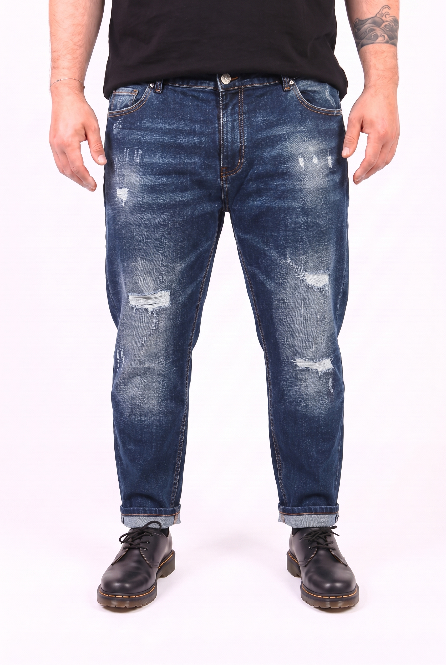 Jeans Blu Scuro con Strappi e Risvolto Uomo Taglie Forti